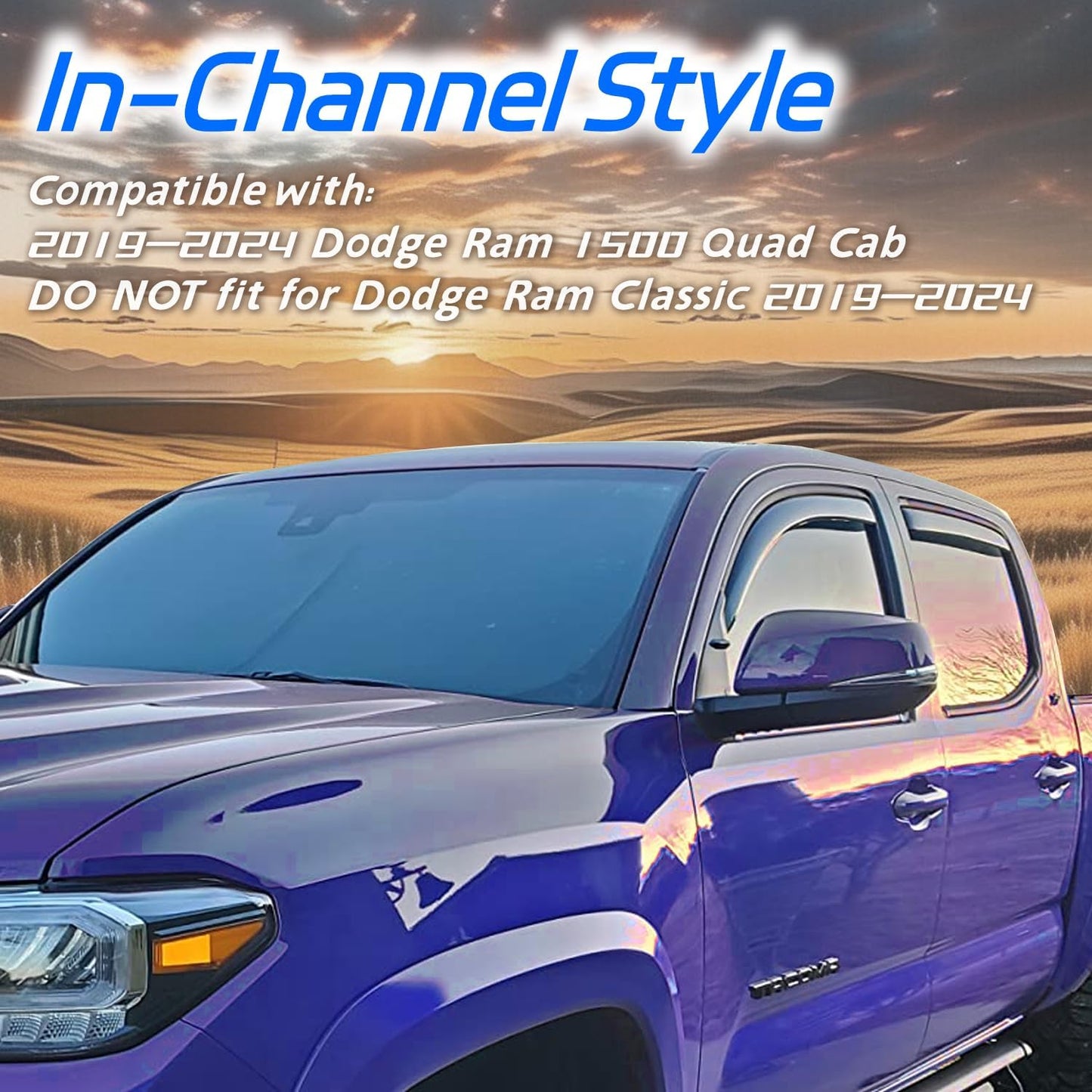 4 PCS in-Channel Rain Guards for Trucks 2019-2024 Dodge Ram 1500 Quad Cab, Smoke Tinted Window Deflectors, Extra Durable Vent Window Visors, Vent Shade Shield 2020 2021 2022 2023