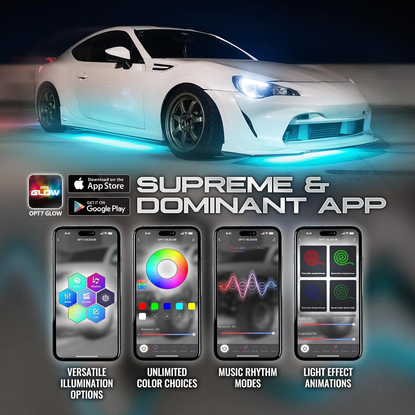 OPT7 Aura Flexible Underglow Car Lights with APP & Remote Control, Exterior Neon Accent Underbody Lighting Kit, 4 PCS RGB LED Light Strips for Cars Trucks RV, Waterproof, Multi Colors Music Mode, 12V