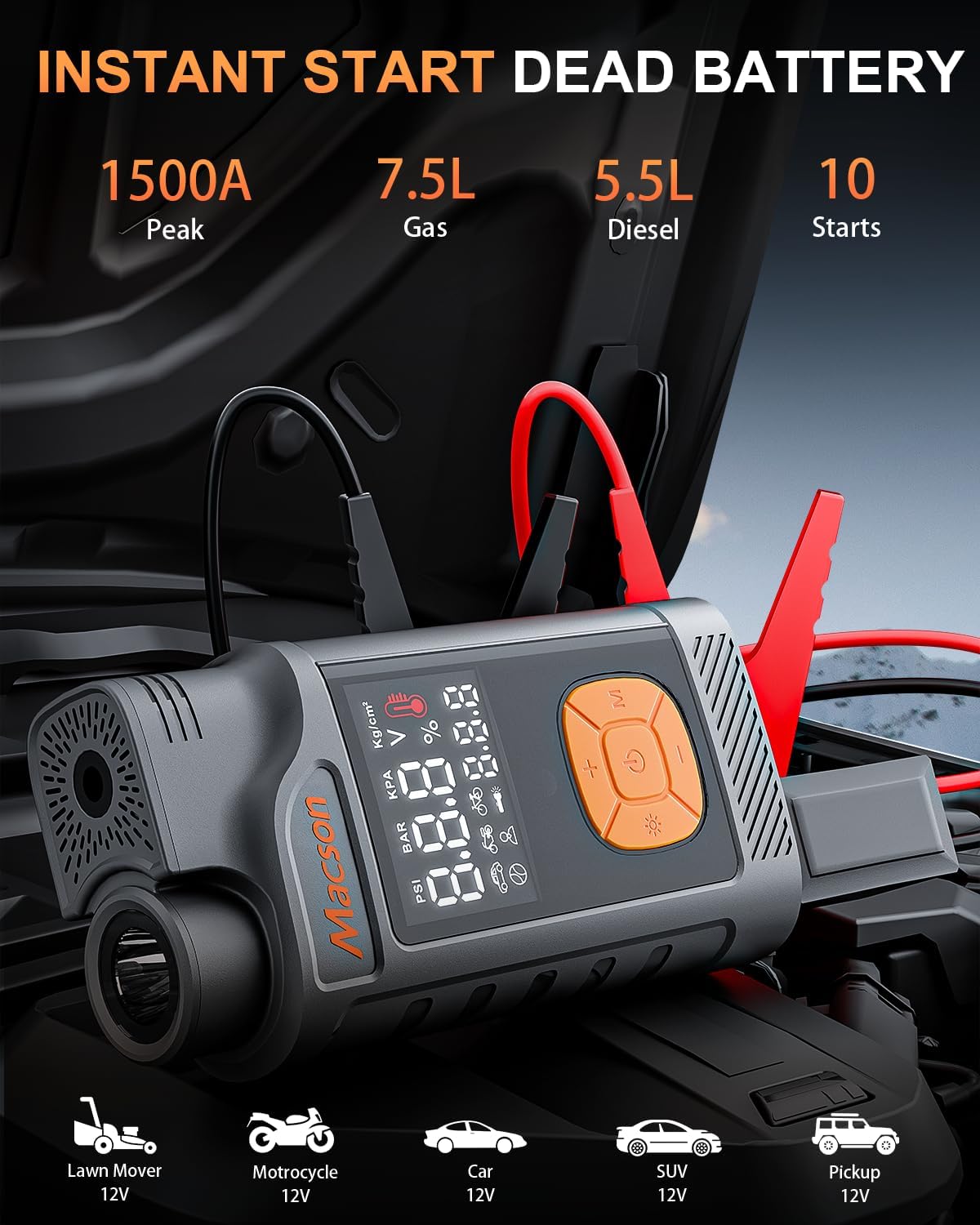 Jump Starter with Air Compressor-1500A Portable Car Battery Charger(Up to 7.5L Gas/5.5L Diesel),12V Jumper Box 150PSI Auto Tire Inflator with Jumper Cable, USB Charge, DC Output and Flashlight
