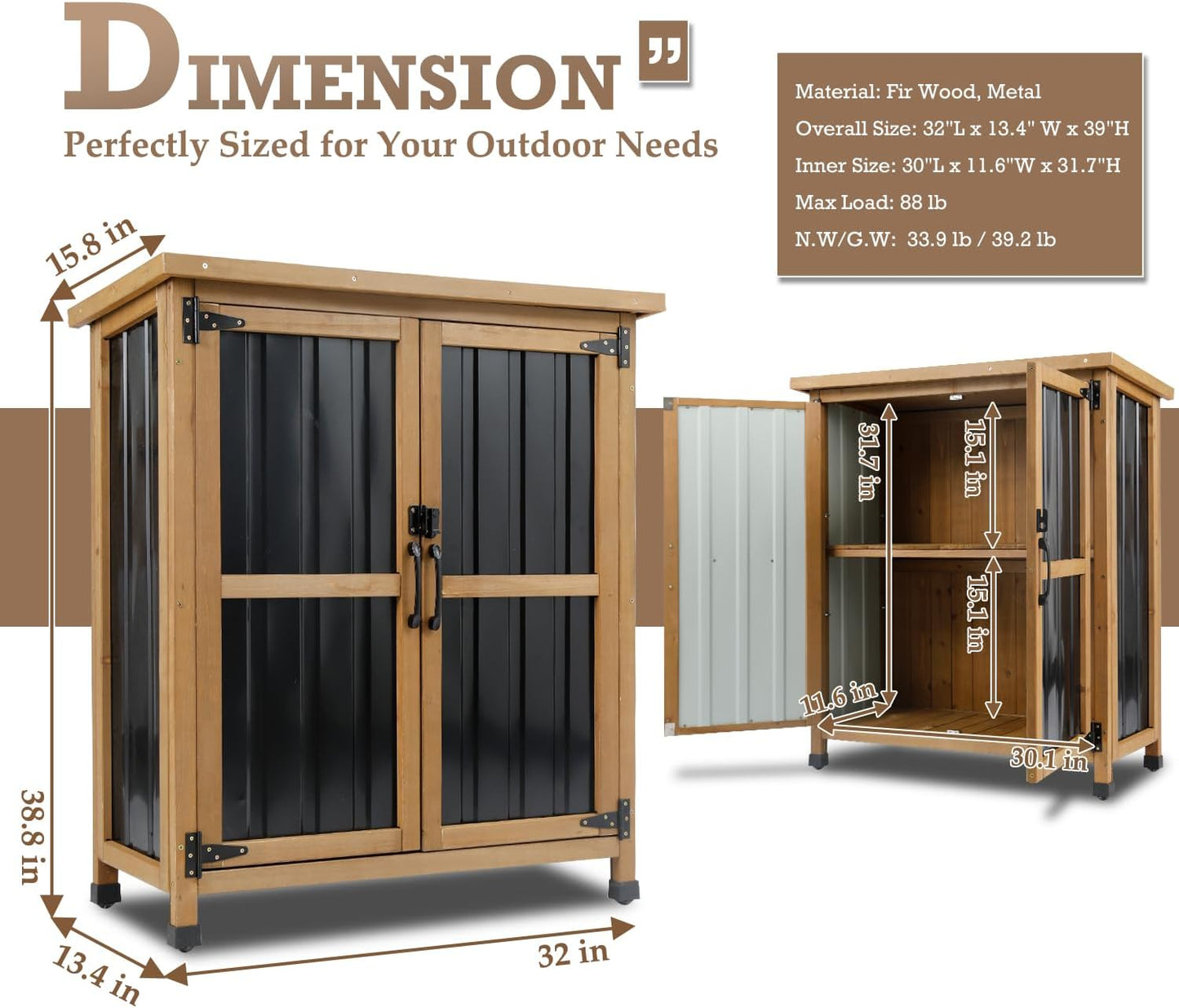 Outdoor Storage Cabinet Waterproof with Shelves, Storage Box with Lockable Doors, Wood & Metal Patio Yard Pool Garden Storage Cabinet Organizer, Gifts for Women Men