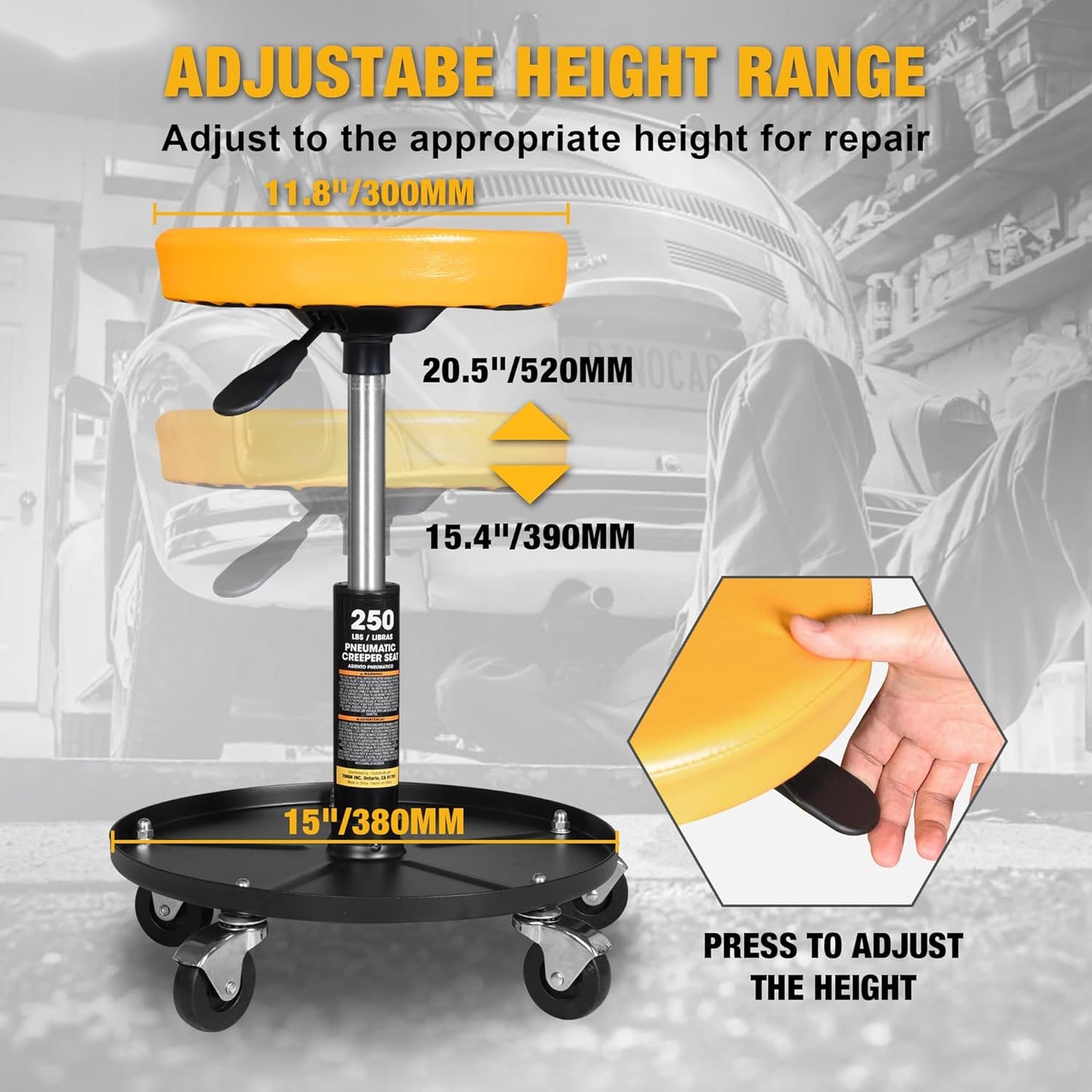 YELLOW JACKET Rolling Mechanic Stool with Wheels Pneumatic Garage Shop Seat Adjustable Height Roller Mechanics Creeper Chair with Tool Tray for Auto Repair