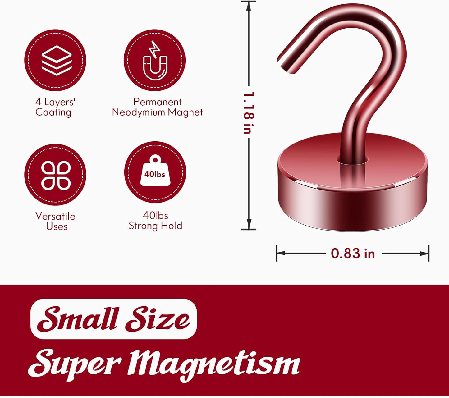 Neosmuk Magnetic Hooks, Cruise Ship Essentials, 40lb+ Heavy Duty Magnetic Hooks for Cruise Cabins, Refrigerator, Grill, Hanging, and Travel | Extra Strong Must-Haves Magnet Hook,Red,Pack of 10