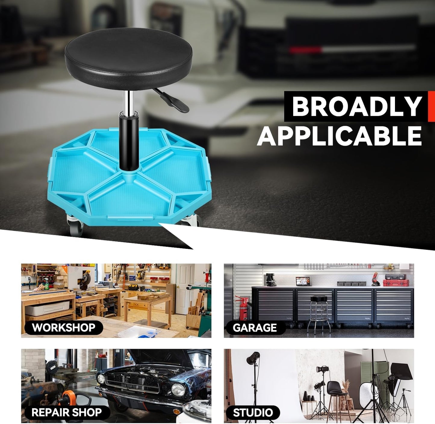 Auto Dynasty Mechanic Stool, Adjustable Rolling Pneumatic Creeper Garage Shop Seat with Tool Tray, 300 LBS Roller Seat for Workshop Auto Repair, Adjustable Height 15.7" to 21", Black/Blue