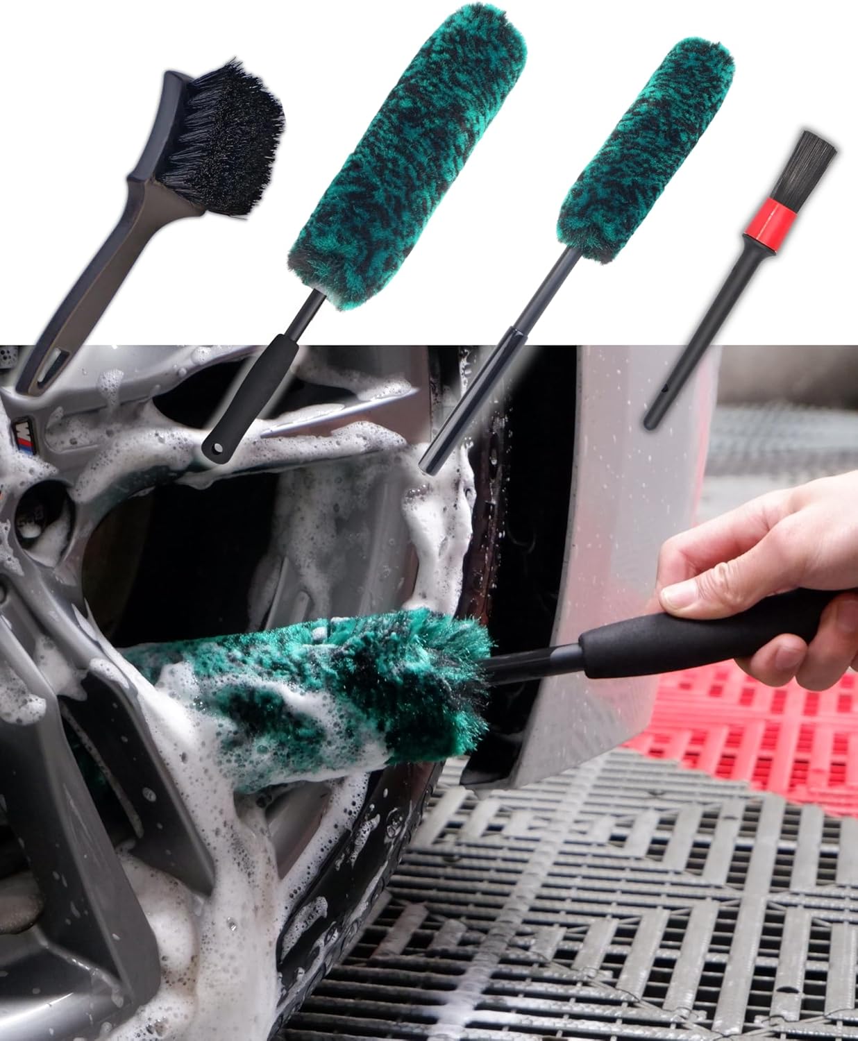 Professional 4 Pack Long Handle Wheel Brush Kit for Cleaning Wheel and Tire- 2X Soft Wheel Cleaning Brush, Detailing Brush and Stiff Tire Brush, Bendable& Durable Wheel Rim Cleaner Brush Set