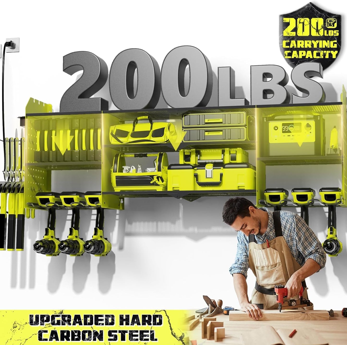 45" Large Power Tool Organizer Wall Mount with Charging Station - 3 Layer Storage Racks with 8 Cordless Drill Holder, 4 Hooks, Heavy Duty Garage Tool Organizer Storage for Workshop Pegboard Basement
