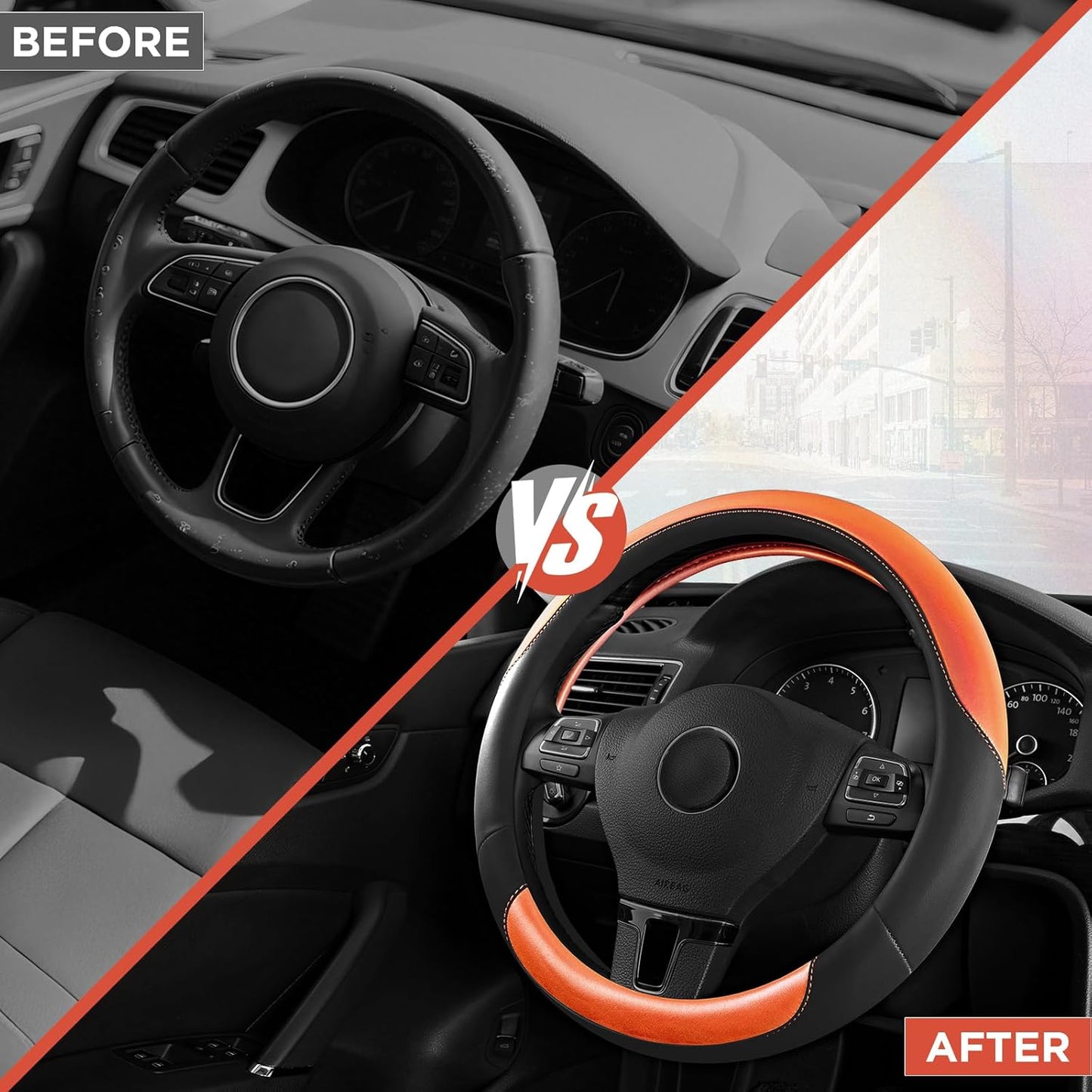 Road Comforts Steering Wheel Cover – Breathable Leather Steering Wheel Cover, Anti-Slip Grip, Universal Fit 14.5” to 15”, Heat & Cold Resistant for Cars, SUVs, and Trucks – Black & Orange