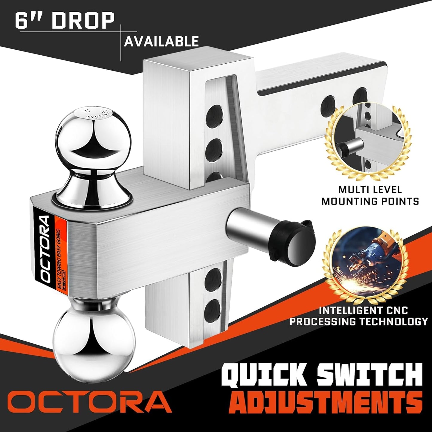 Adjustable Trailer Hitch (Fits 2-Inch Receiver) - Aluminum Tow Hitch with 6-Inch Drop/Rise for Truck (12,500 LBS GTW) - Double Anti-Theft Locking Hitch Pins (Silver, 2inch-6Drop)