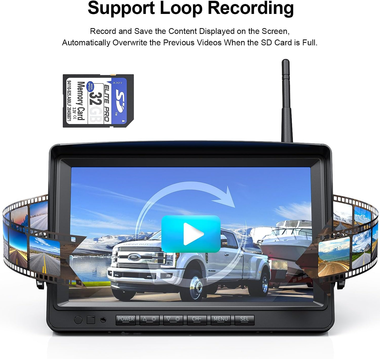 Fookoo HD 1080P 9" Wireless Backup Camera System, 9-inch Dual/Quad Split Monitor w/Recording, Supports 4 Cameras, IP69 Waterproof Rear View Cam Parking Lines 32GB SD Card for RV/Trailer/Truck(DW901)