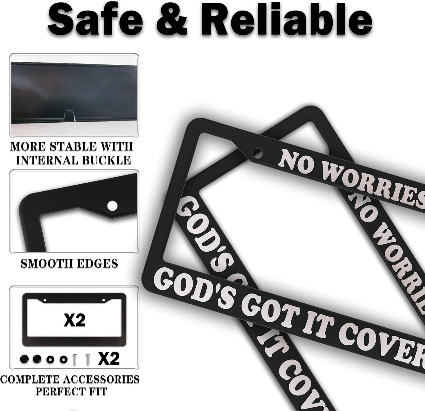 License Plate Frames Black and White License Plate Frame No Worries, God’s Got It Covered Universal Aluminum Car Accessory 2 Pack with Screw Covers Set