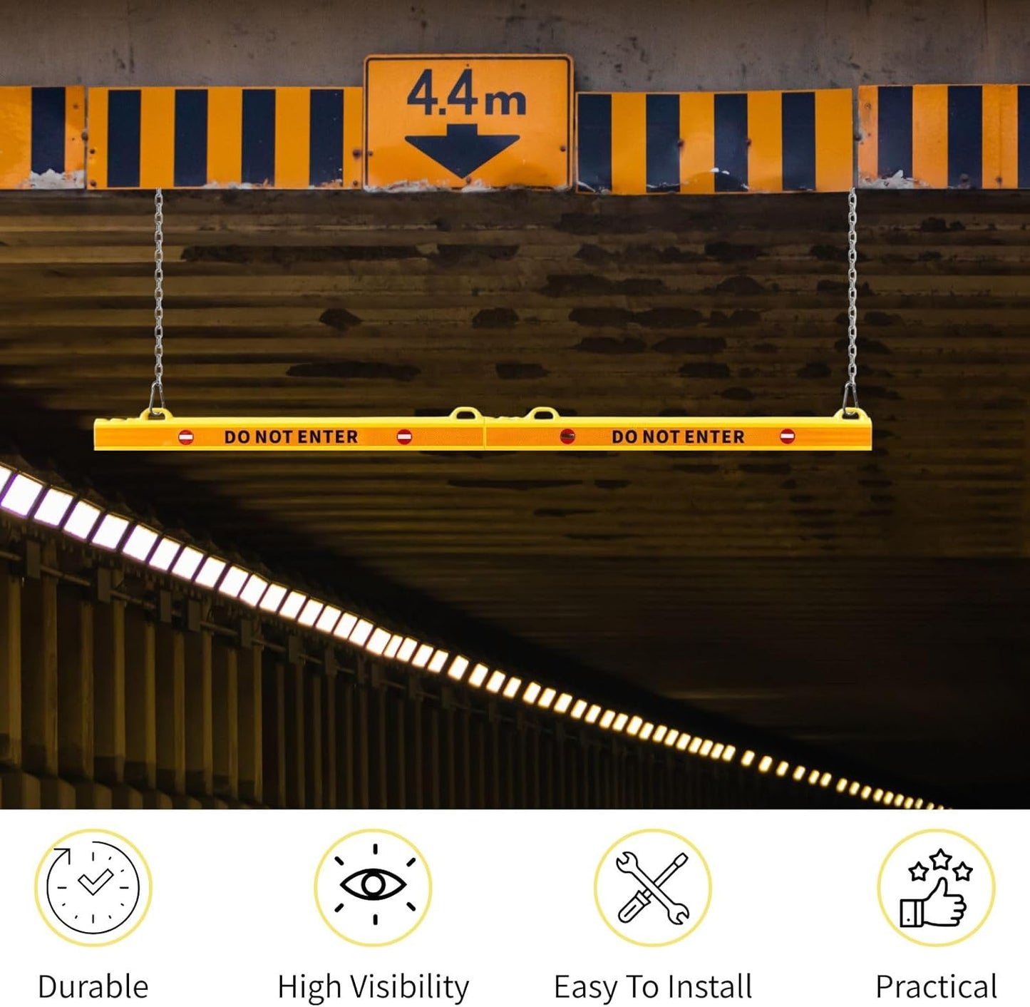 78” Height Guard Clearance Bar (Warning Sign) - MAX Clearance Adjustable to 7' 3" - Hanging Safety Bar with Reflective Yellow Stripes for Parking Lots, Warehouses, Garage Entrances