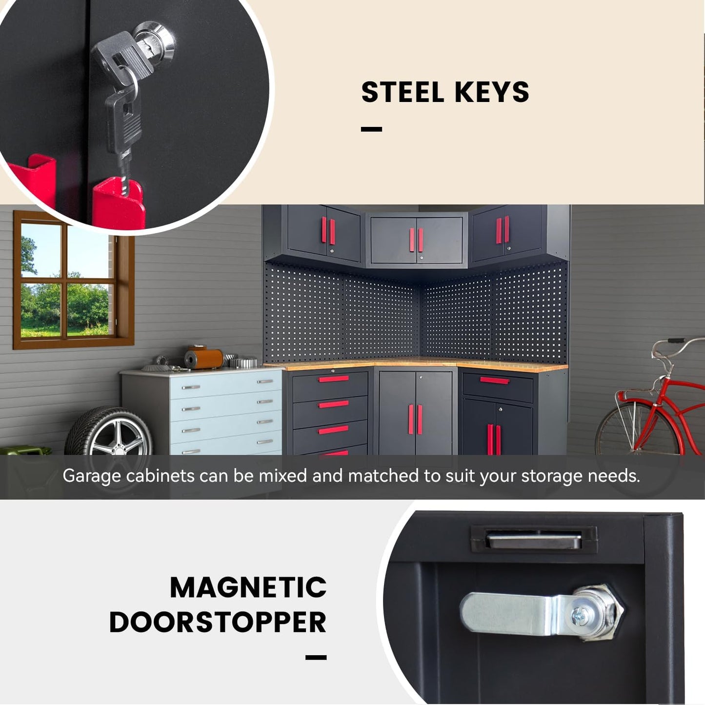 Red Garage Cabinet Storage System 10-Pcs Corner Workshop Set Garage Cabinet and Storage System for Tool Organization