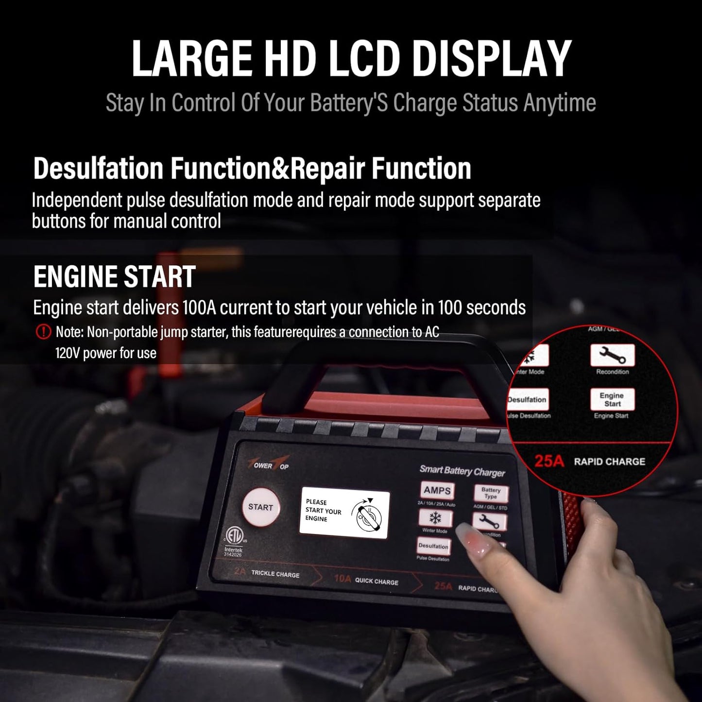 TowerTop 2/10/25 Amp 12V Smart Car Battery Charger, Fully Automatic Battery Maintainer with Engine Start, Auto Desulfator, Battery Repair, Winter Mode, for AGM, STD, Gel, Deep Cycle Batteries