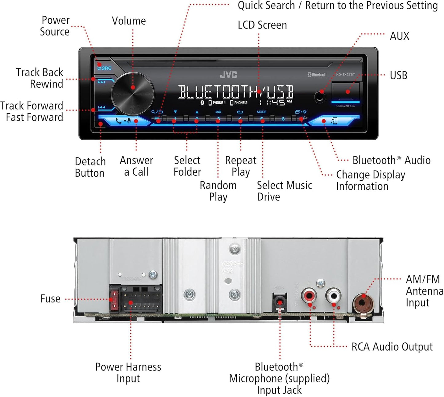 JVC KD-SX27BT Car Stereo with Bluetooth, 100W Digital Media Receiver, 1.5A USB to Charge Devices, Single DIN Head Unit, AM/FM, Aux-in, JVC Remote App