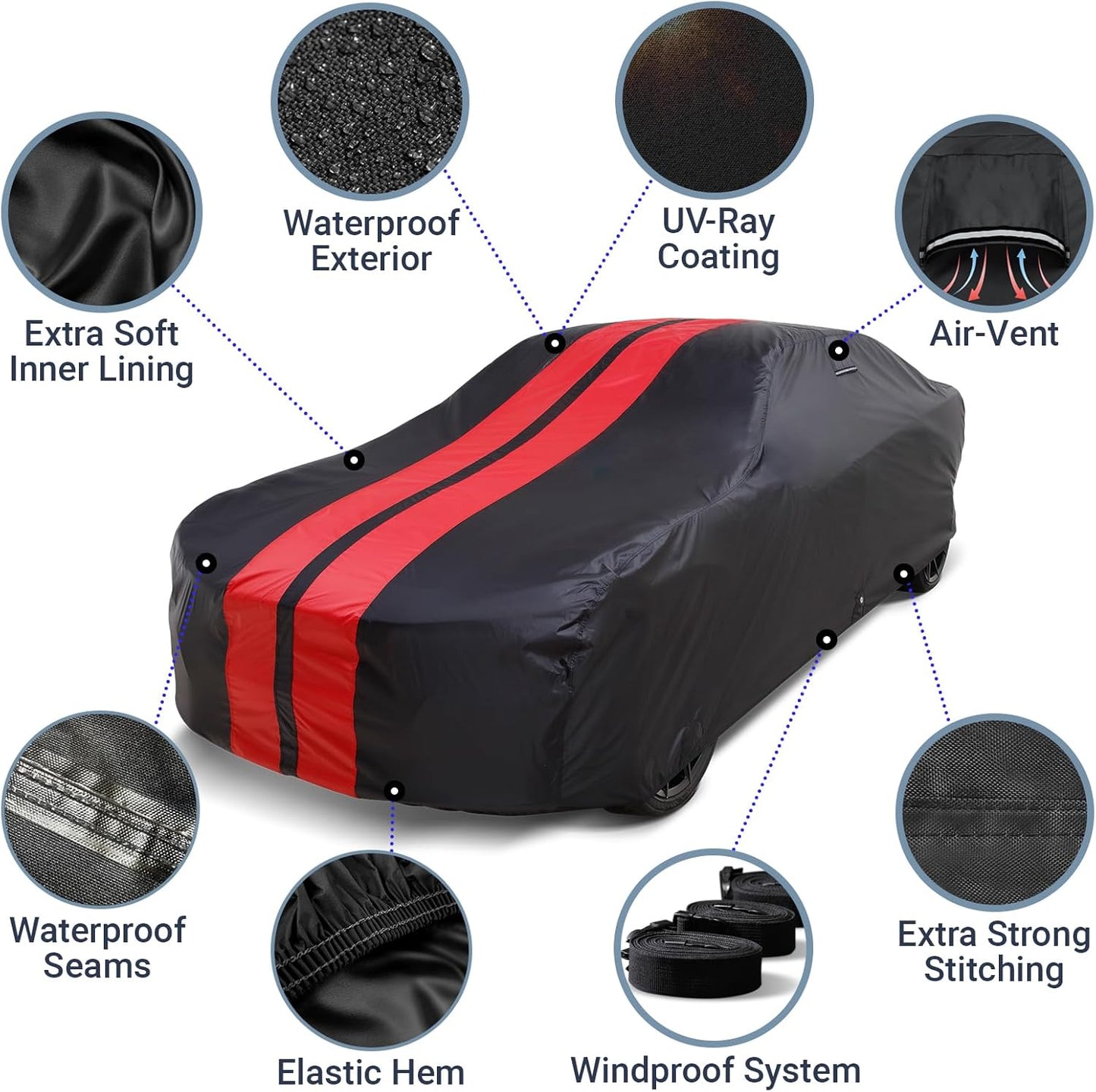 iCarCover Custom Car Cover for Chevy Chevette (1976-1987) Waterproof All Weather Rain Snow UV Sun Protector Full Exterior Indoor Outdoor Car Cover (Stripe - Black/Red)