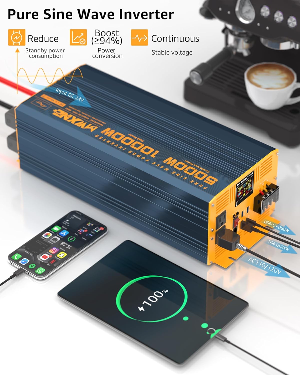 5000 Watt Power Inverter Pure Sine Wave 24V DC to 110V 120V 10000W Peak Heavy Duty Inverter with Remote Control and LED Display, 4 USB/Type-C Ports & 2 AC Outlets Car Charger for Vehicles RV