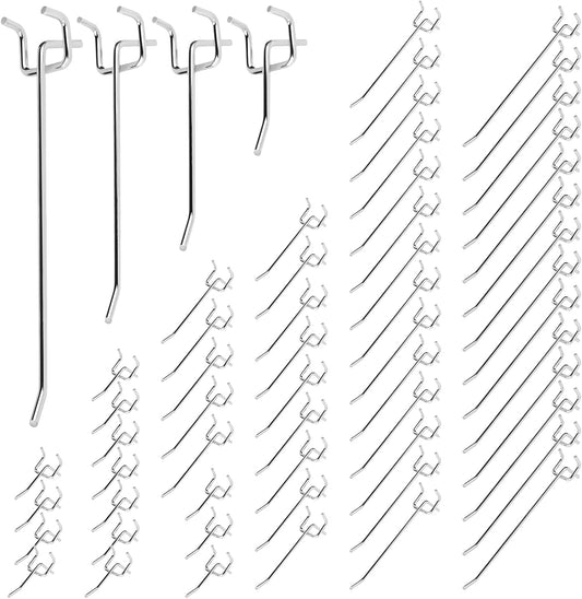 60Pcs 2" 4" 6" 8" Pegboard Hooks Assortment Set, Metal Peg Board Hooks with 2.5mm Hole Pitch 4mm Wire Diameter Slatwall Hanging Hook for Garage Organization Wall Hanging (Silver)