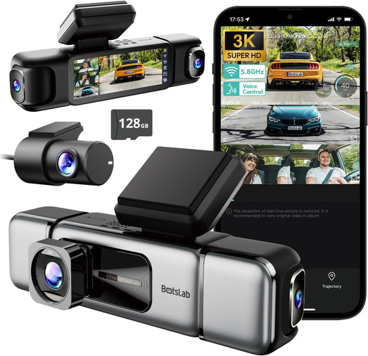 3K 4 Channel Dash Cam, 560° All-Sides View, Front and Rear Inside Car Camera with 3.18”Touch Screen, Dash Camera 24/7 Parking Mode, Built-in GPS 5.8G WiFi Night Vision Voice Control, Free 128GB Card