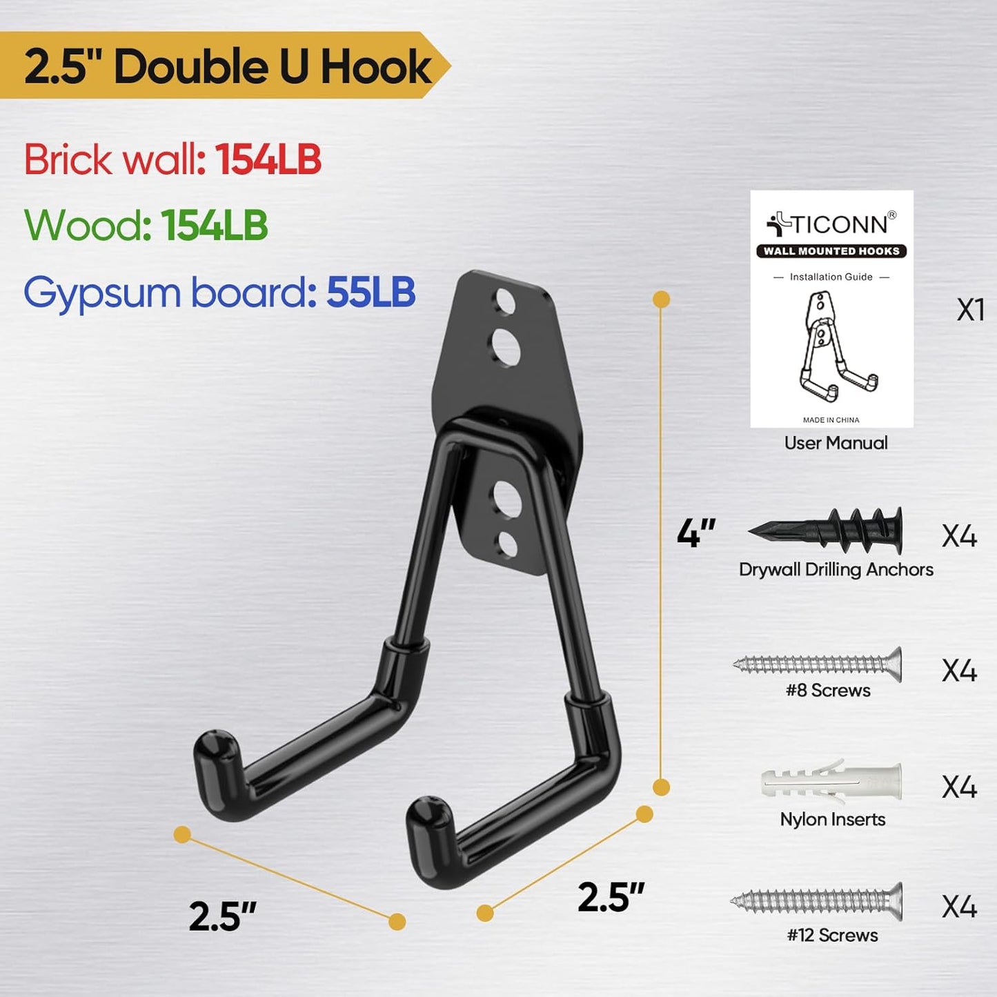 TICONN 2 Pack Heavy Duty Garage Hooks, Steel Utility Wall Storage Hooks, Wall Mount Hanger Organizer for Ladders, Bikes, Tools, Bulky Items (Small, Orange Square)