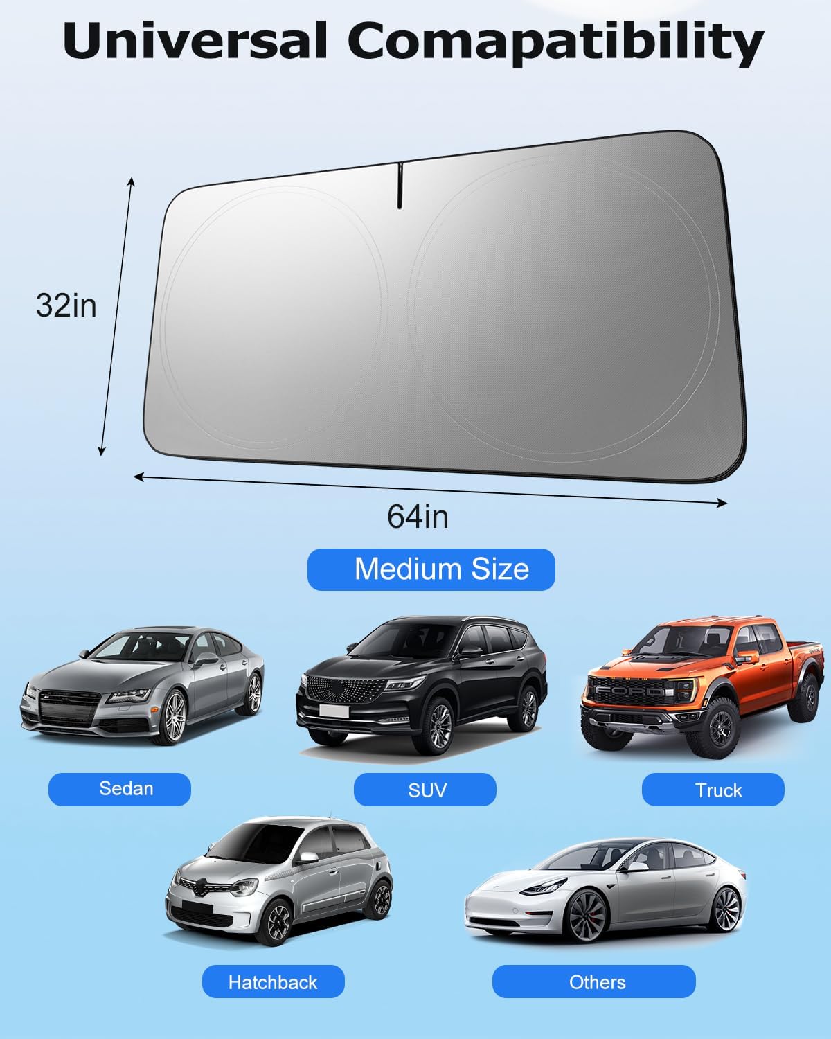 [2025 Upgrade] DMJN Windshield Sun Shade Car, [100% Sun Bolck & UV Reflective] Keep Car Cool & Interior Protection Sunshade, Flexible & Durable Sun Visor Universal Fit Medium