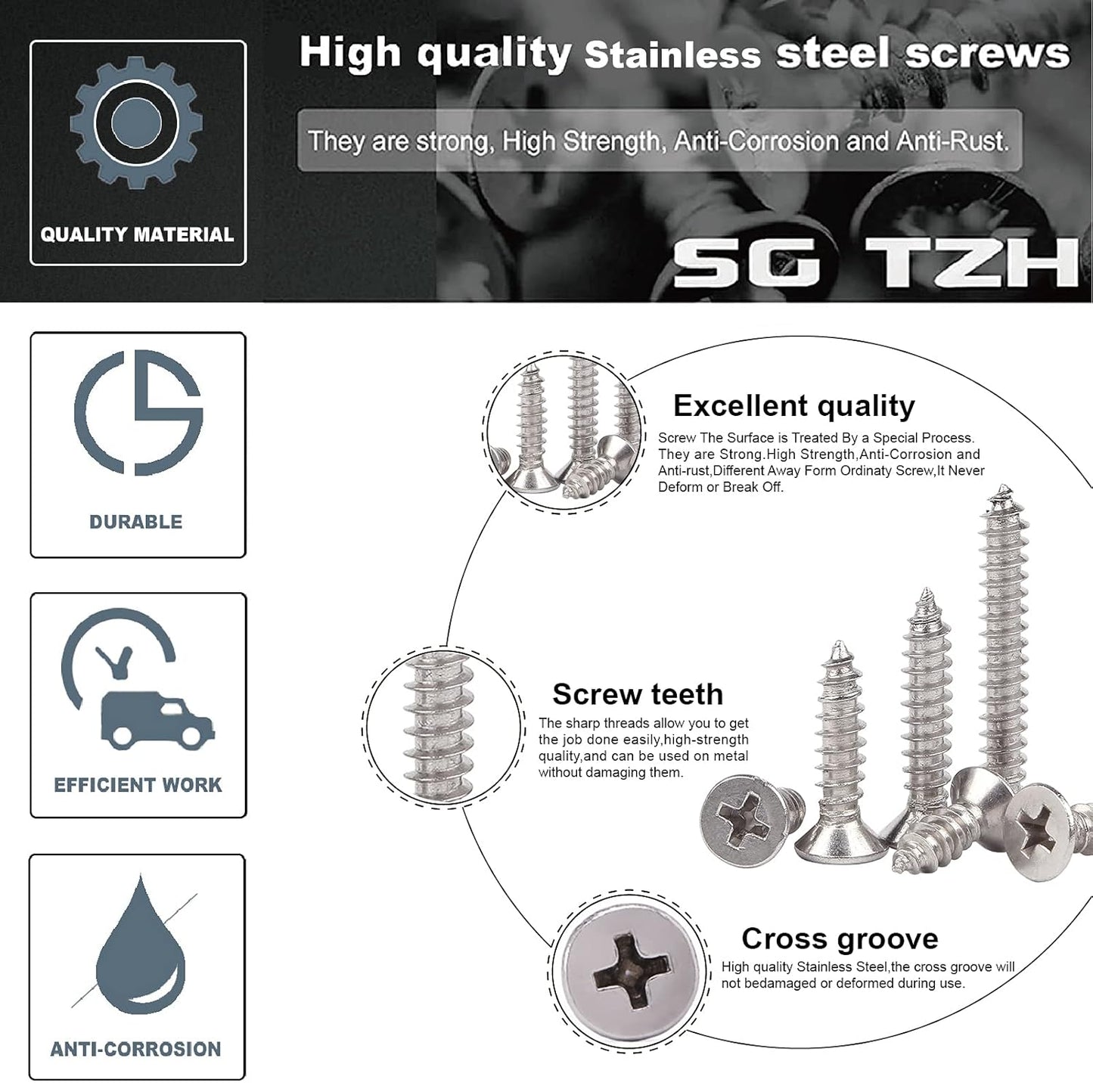 #12 x 2 Wood Screw 100Pcs 18-8 (304) Stainless Steel Screws Flat Head Phillips Fast Self Tapping Drywall Screws by SG TZH