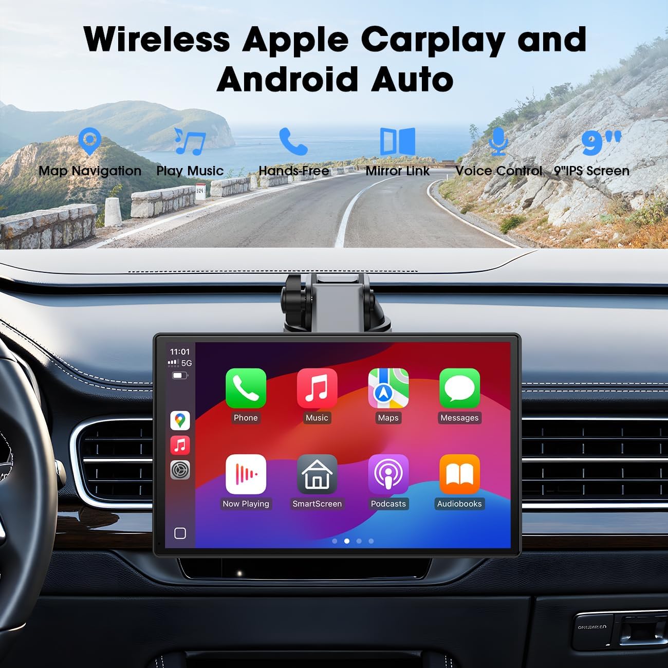 Carplay Screen for Car, 9'' Wireless CarPlay & Android Auto- Upgrade Portable Touchscreen with Bluetooth, Mirror Link, Voice Control, Hands-Free Calling,Plug & Play Car Play Screen