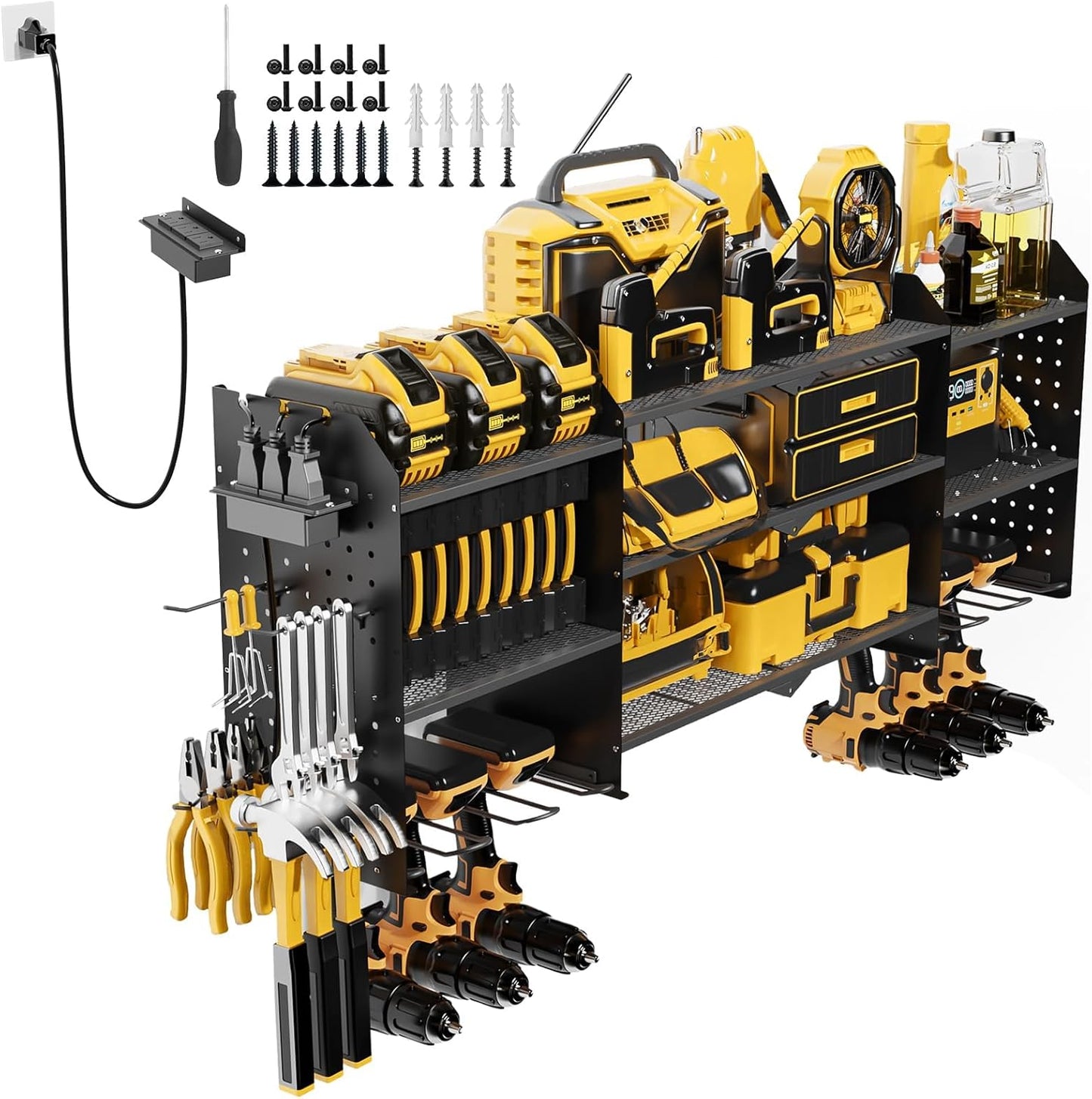 45" Large Power Tool Organizer Wall Mount with Charging Station - 3 Layer Storage Racks with 8 Cordless Drill Holder, 4 Hooks, Heavy Duty Garage Tool Organizer Storage for Workshop Pegboard Basement