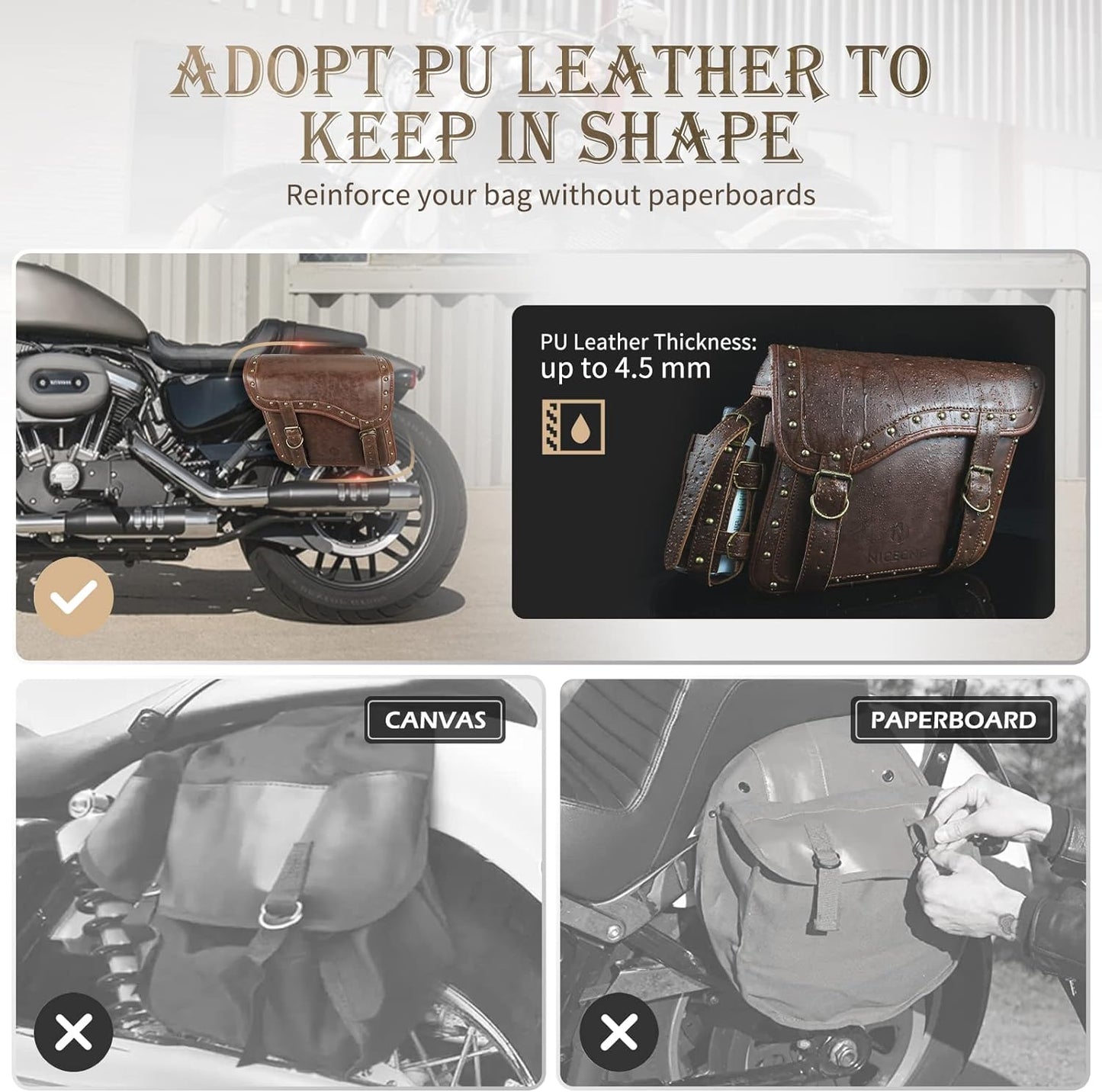 NICECNC Motorcycle Saddle Bags, PU leather Motorcycle Saddlebags, Reinforced Straps & Saddle Piece, with Cup Holder, Throw Over Saddle Bags Side Bags Universal Motorcycle Accessories, BROWN