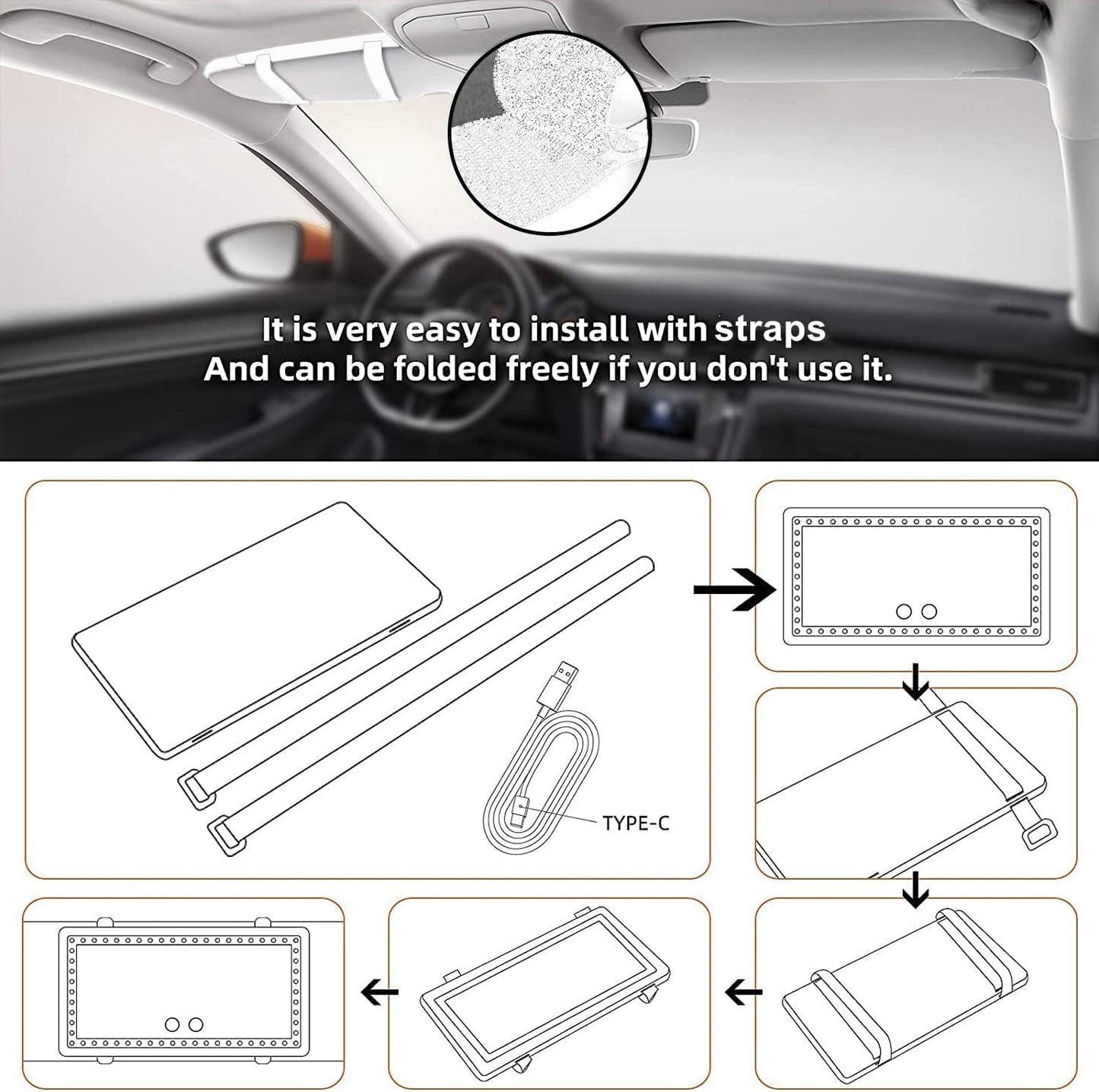 Car Sun Visor Vanity Mirror, with 3 Light Modes & 60 LEDs - Rechargeable Dimmable Clip-on Rear View Sun-Shading Cosmetic Makeup Mirror, Universal for Car SUV(Pure White)