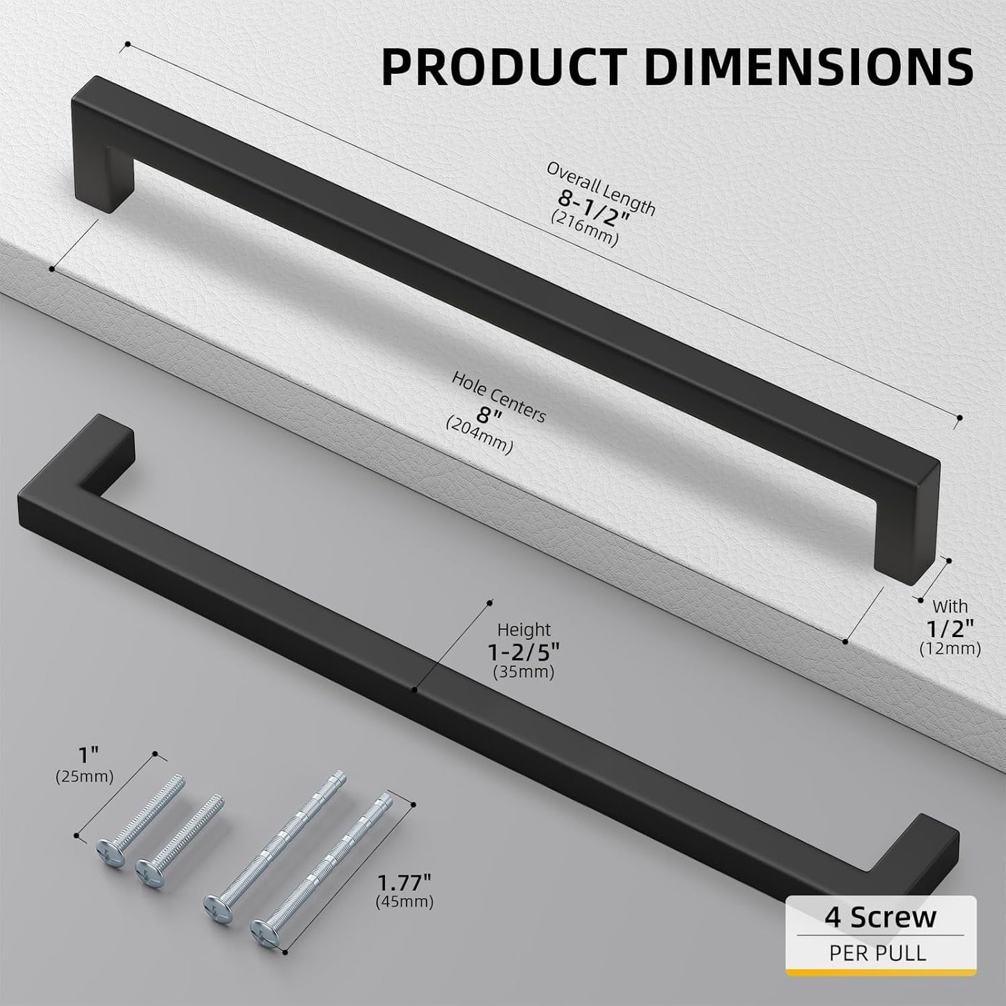 goldenwarm 1Pack 8INCH Matte Black Cabinet Pulls Kitchen Hardware, 204mm Square Bar Pulls for Cabinets Hardware, Black Drawer Pulls 8-1/2in Overall Length