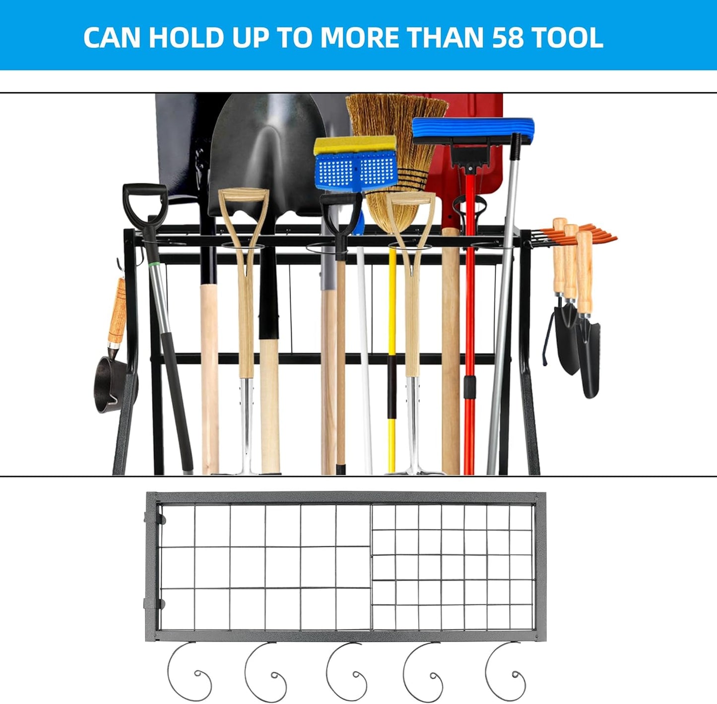 Garden Tool Organizer for Garage,Tool Organizers and Storage，Garden Tool Rack,Yard Tool Storage,Garden Tool Stand,Up to 58 Long-Handled Tools,4 multi-direction wheels lockable (28.4 inch)