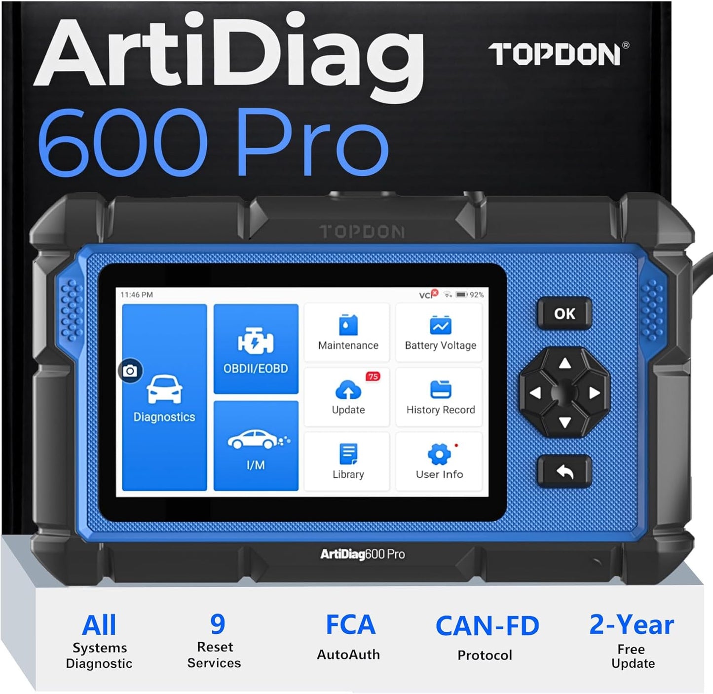 TOPDON ArtiDiag600 Pro, OBD2 Scanner Diagnostic Tool for All Systems, Code Reader Scan Tool with 9 Essential Maintenance Functions, Car Scanner with Andriod OS, Upgraded Version of AD600S/AD500