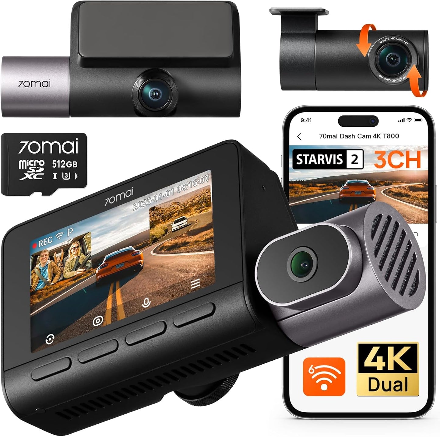 70mai 4K T800 3 Channel Dash Cam, Dash Cam Front and Rear Inside(2160P+2160P+1080P), STARVIS 2 IMX678, HDR Night Vision, Dash Camera for Cars with 512GB Card, WiFi 6, 4G LTE, ADAS, 24H Parking Mode