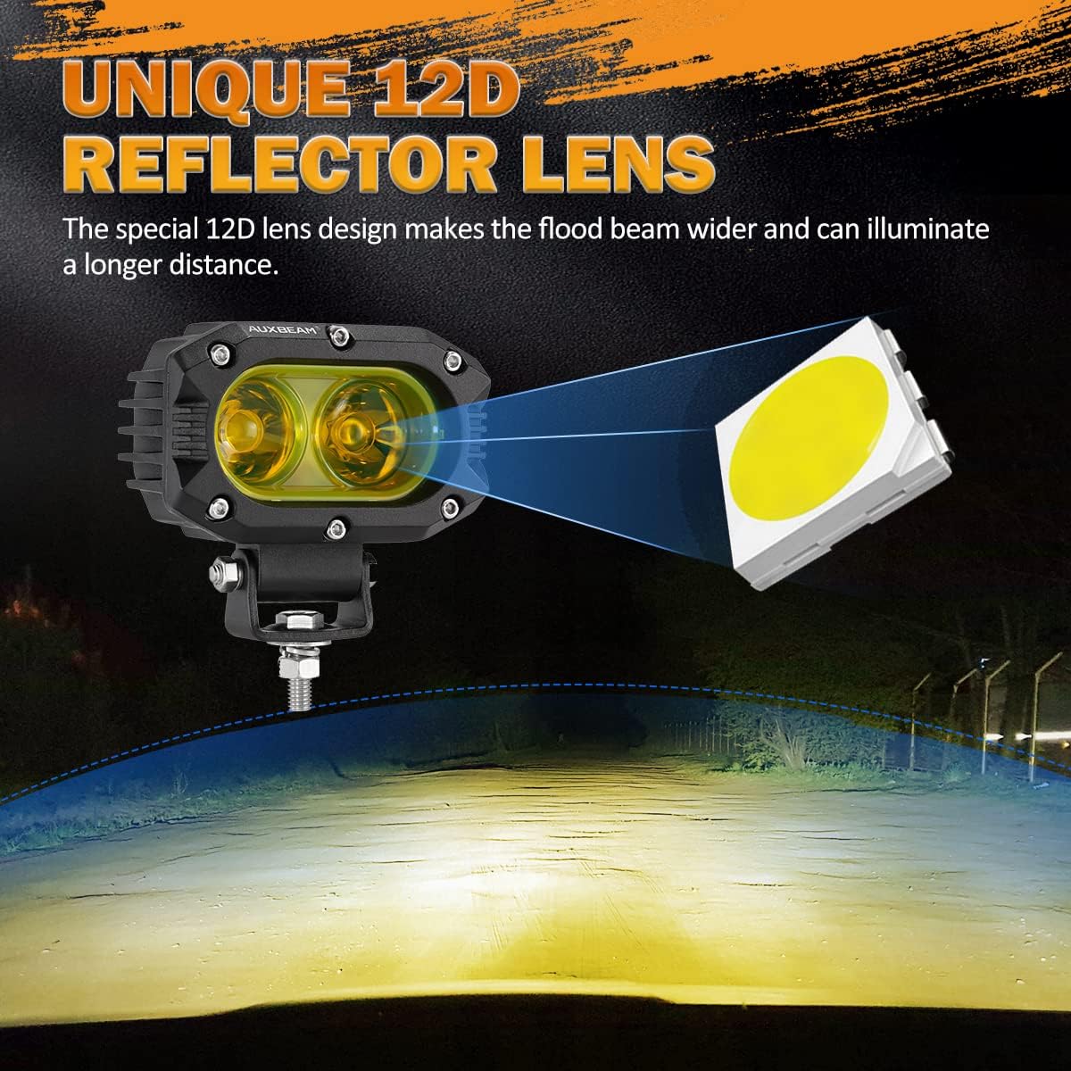 Auxbeam 4 Inch LED Amber Pod Light, 5050 Driving Light 60W Yellow Flood Beam Square Pod Fog Light with DT Wiring Harness for Motorbike SUV ATV Truck Jeep Boat Tractor Forklift (2 Pcs)