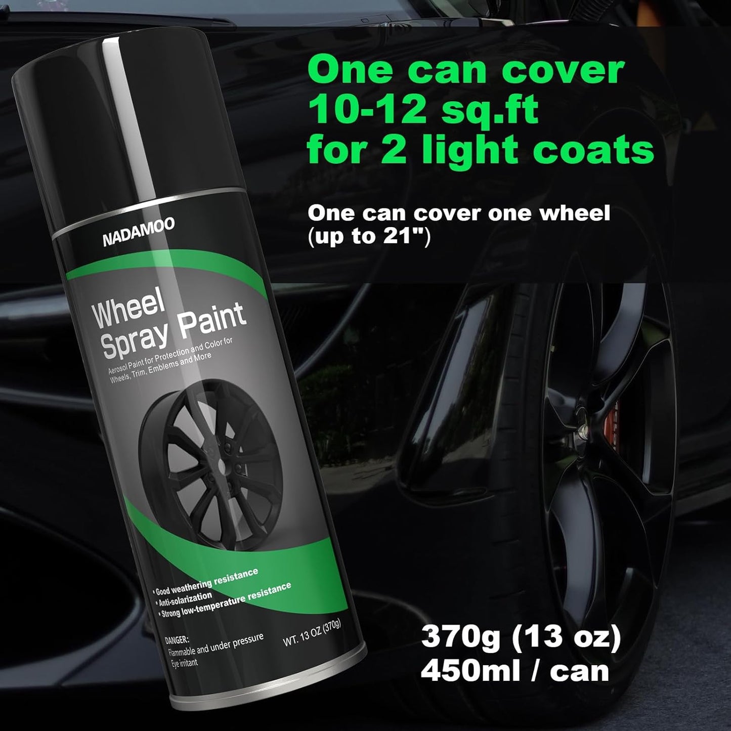 NADAMOO Aluminum Wheel Spray Paint, Car Rim Aerosol Paint for Recolor and Protection of Metal Surface, Semi-gloss Black, 2 Cans, 13 Oz Per Can