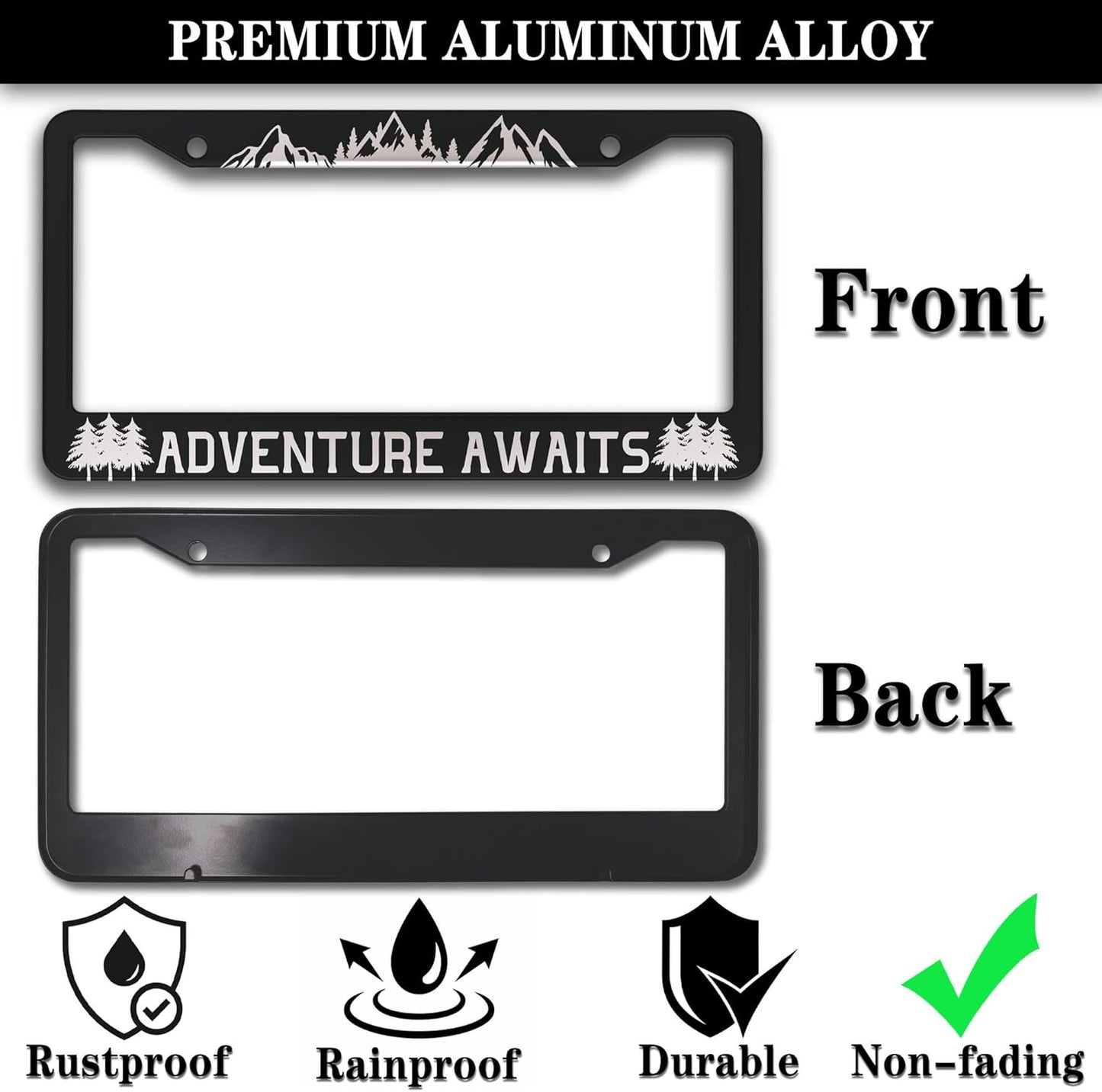 License Plate Frames Black and White License Plate Frame Adventure Awaits Universal Aluminum Car Accessory 2 Pack with Screw Covers Set
