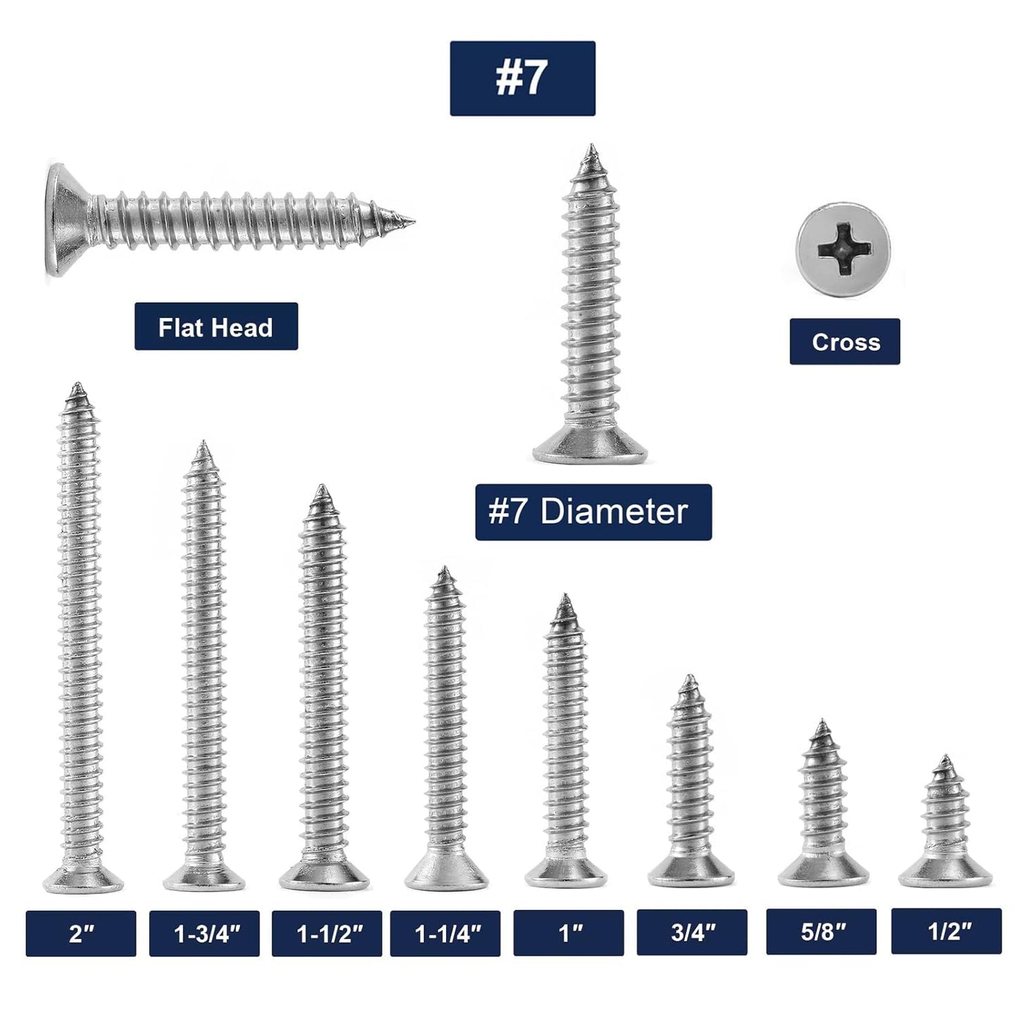 #7 x 1-3/4" Wood Screw 100Pcs 18-8 (304) Stainless Steel Screws Flat Head Phillips Fast Self Tapping Drywall Screws by SG TZH