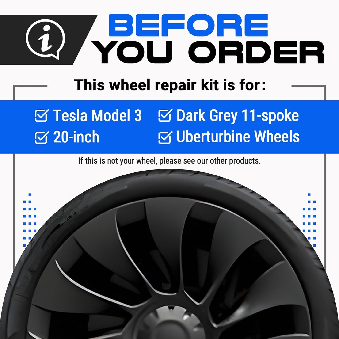 Premium Tesla Wheel Curb Rash Repair Kit for Model 3 20-inch Charcoal Grey Uberturbine Performance Rims - DIY Kit with Color-matched Touch Up Paint - Made in USA