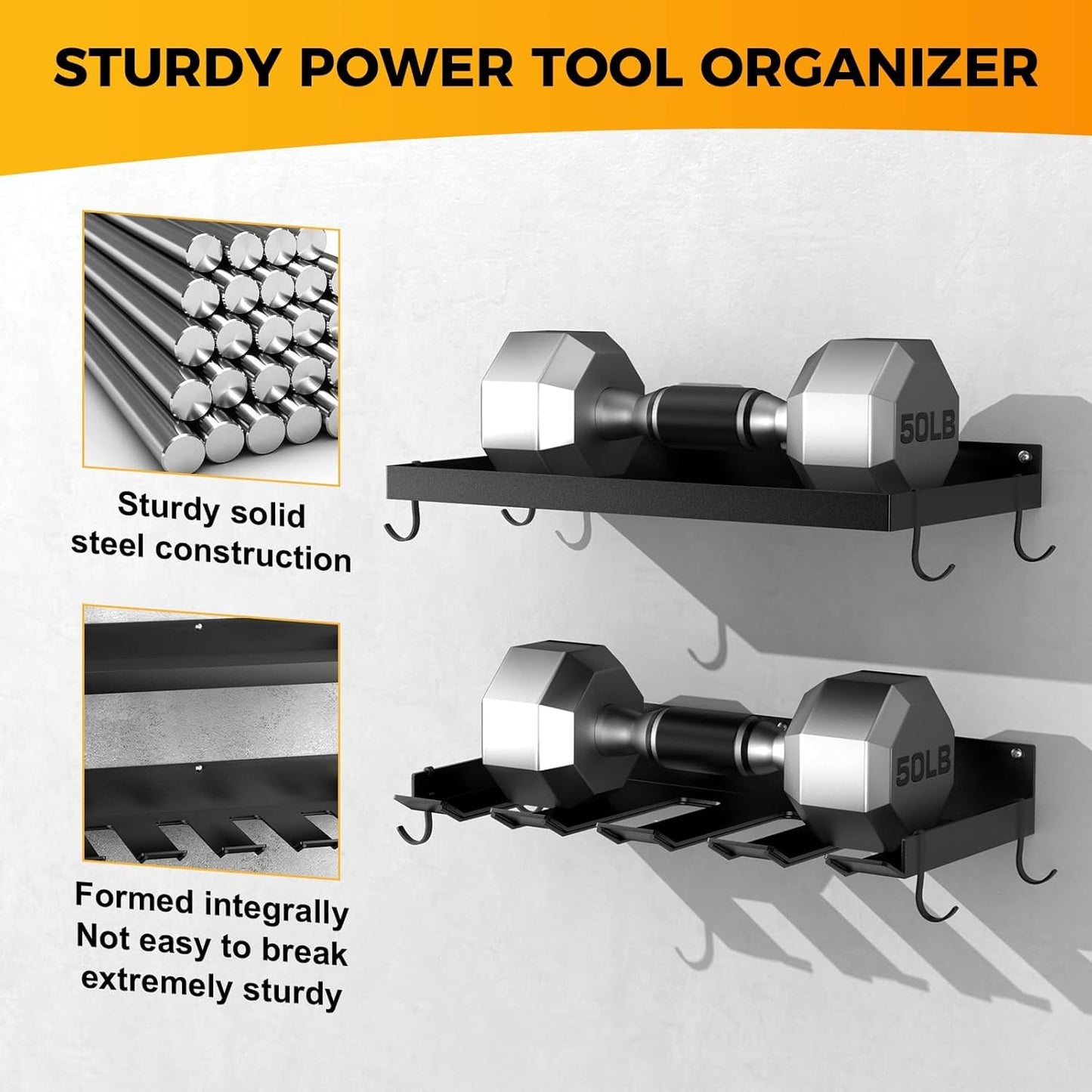 Power Tool Organizer Wall Mount with 4 Drill Holder, Formed Integrally Heavy Duty Garage Tool Organizers and Storage with Hooks for Battery, Tool Box, Screwdriver, Plier and Hammers Gifts for Men