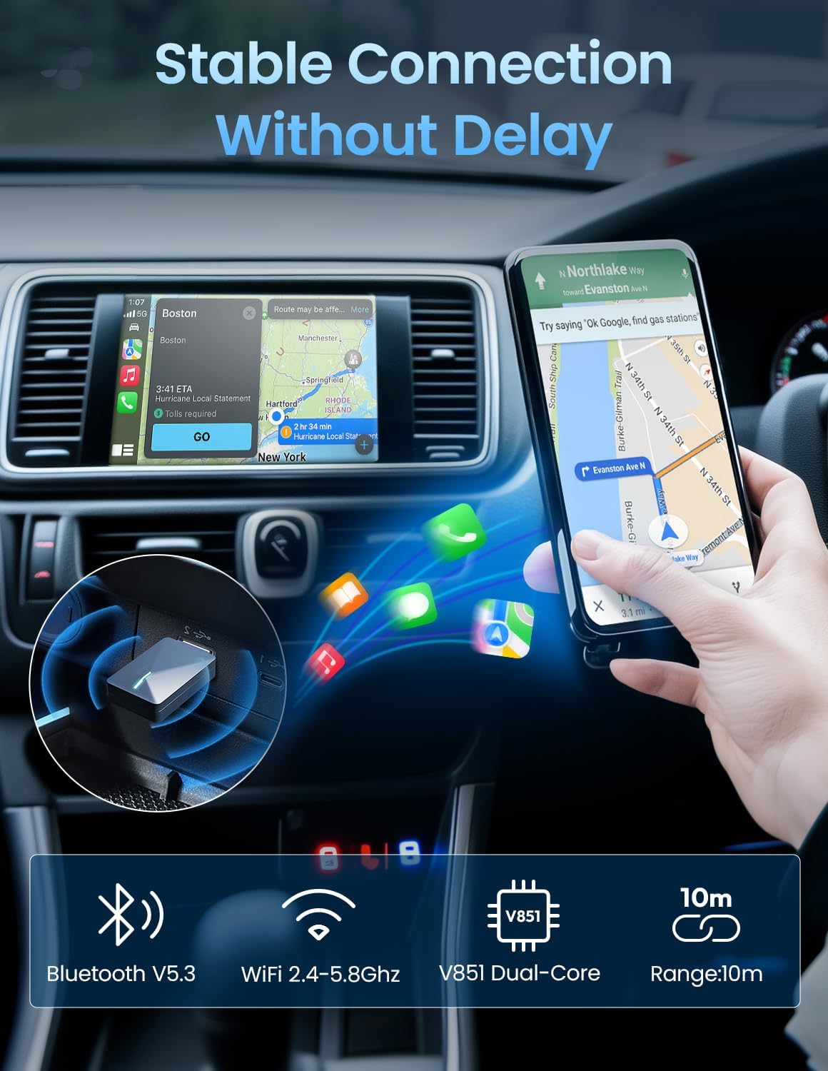 Kello Wireless CarPlay Adapter for iPhone, Convert Wired to Wireless Carplay Adapter, [5.2Ghz Bluetooth] Apple Car Play, Auto for iPhone iOS 10+/ Android 11+, Support OTA