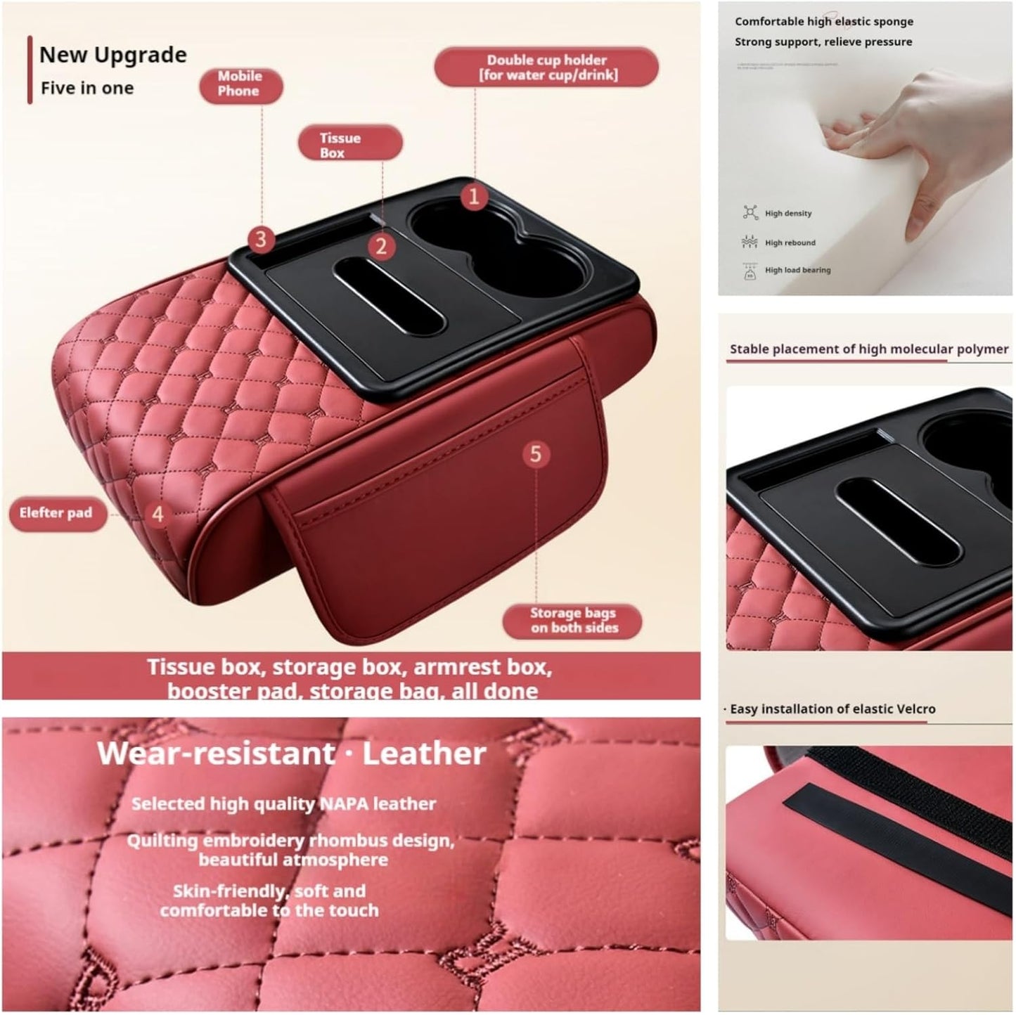 Center Console Cover Organizer, 5-In-1 Arm Rest Cover for Car with Cup Holder & Storage Pocket & Tissue Holder, Armrest Cover Cushion Pad, Grid, Emma Orange