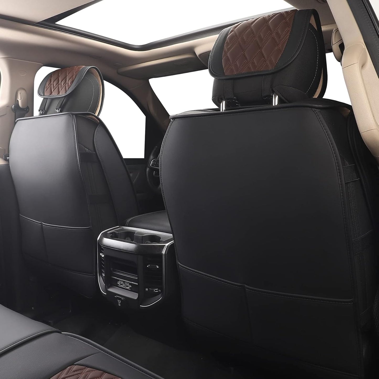 JOJOBAY Car Seat Covers for Dodge Ram Full Set,Fit Ram 2009-2025 1500/2500/3500 Pick-up Truck,Crew,Regular,Quad,Mega Cab,Waterproof Leather Seat Covers Protectors（5PCS Full Set,Black-Brown）