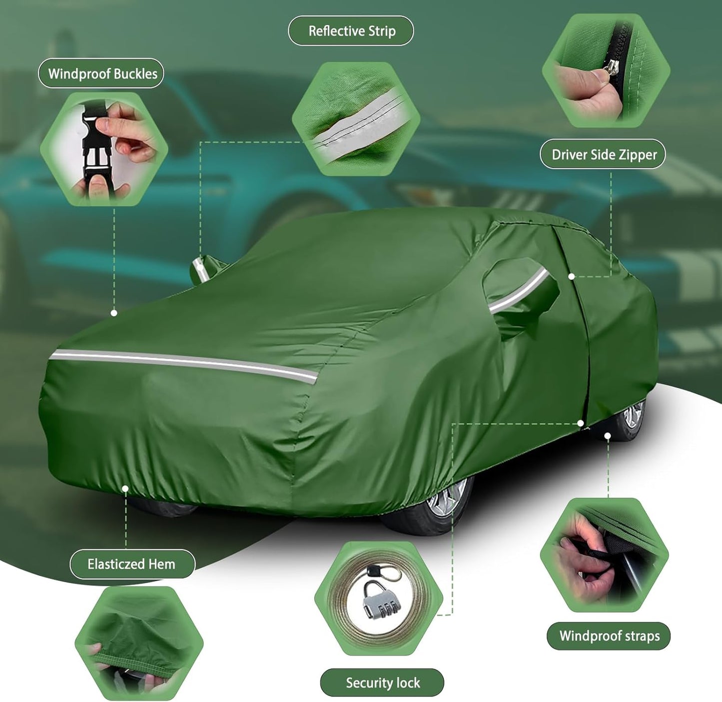 BOSSTONE Car Cover Custom Fit for Mazda MX-5 Miata 1989-2025, Waterproof All Weather for Automobiles Full Exterior Cover Rain Sun Snow Protector with Door Zipper (Green)