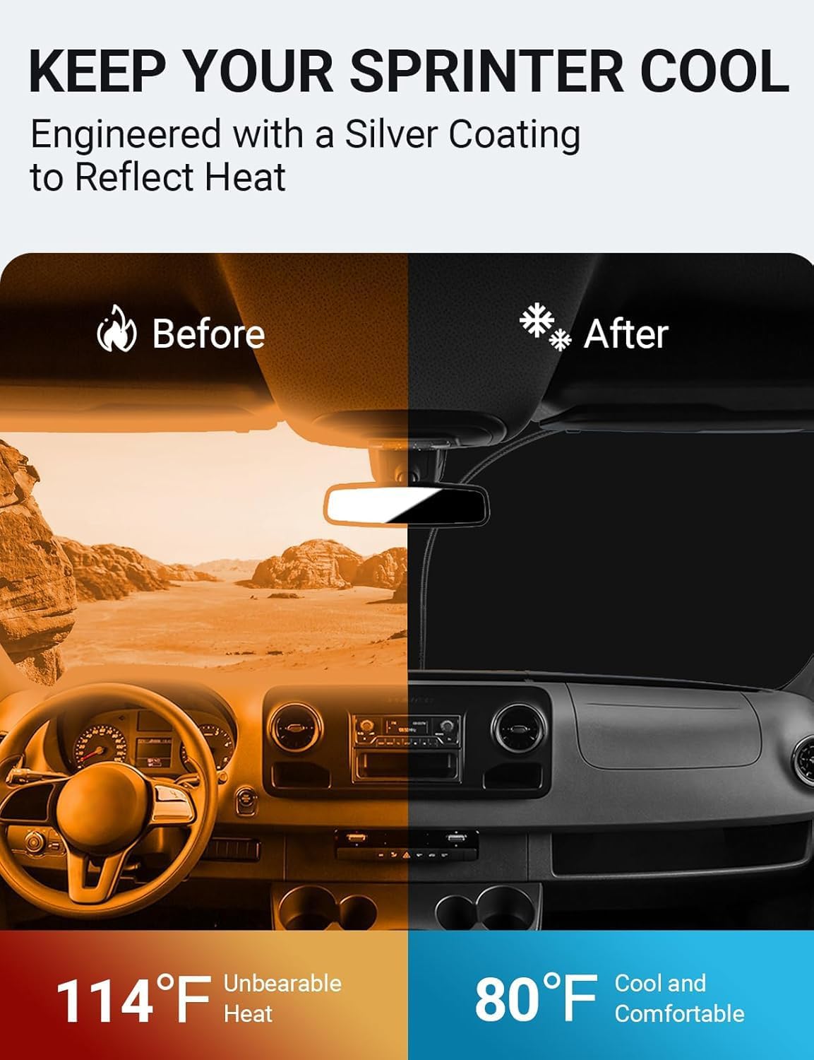 Proadsy 2025 Upgrade Windshield Sun Shade Custom Fit Sprinter, Freightliner Cargo Crew 2007-2025 4-Layer Foldable Front Sunshade Protector Sun Visor Blocks UV Rays Keep Car Cooler