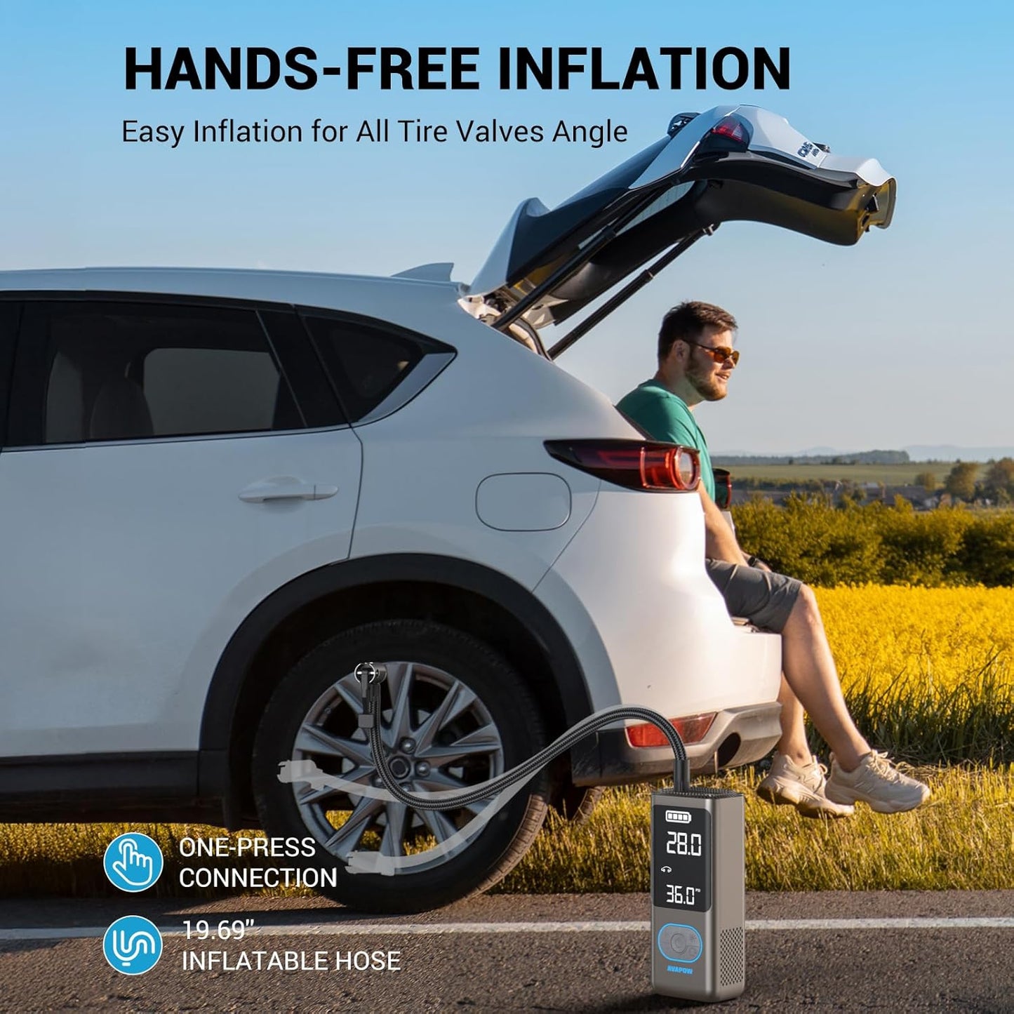 AVAPOW AP18 Tire Inflator Portable Air Compressor, 300% Faster 150 PSI Cordless Air Pump with Tire Pressure Gauge, 3.7″ Dual LCD Screen, Auto-Shuts Off Tire Pump for Car, Motorcycle, Bicycle, Gold