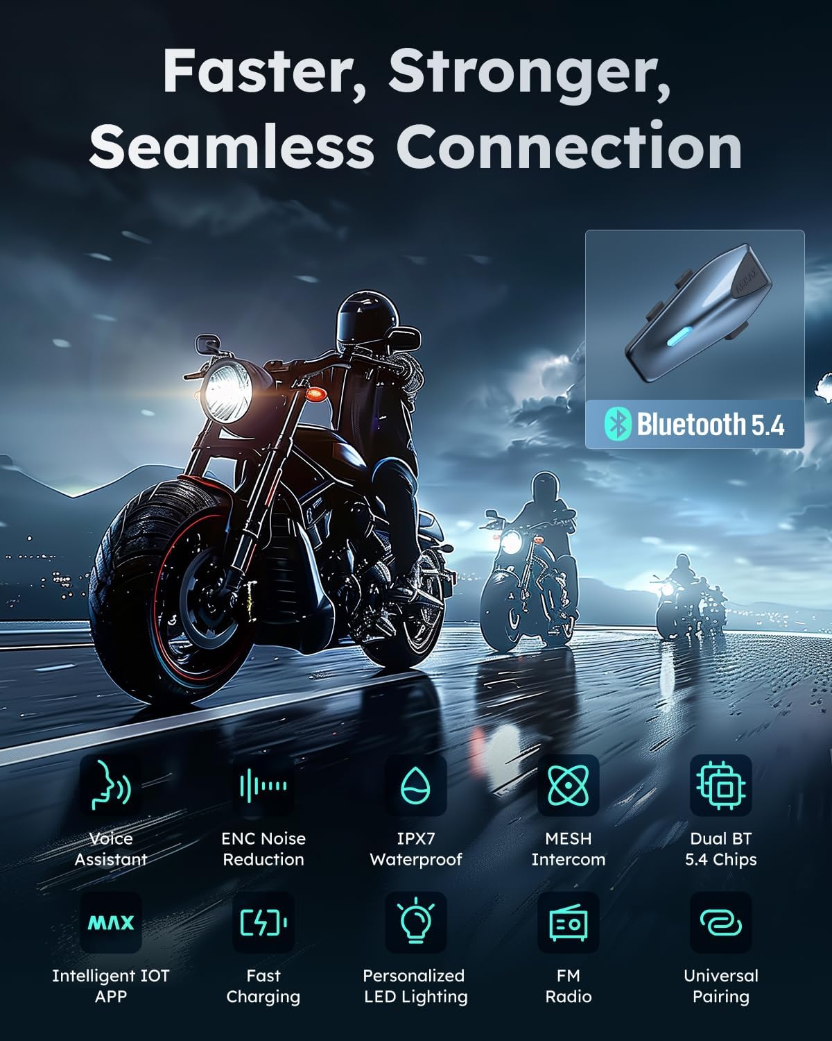 S1 Motorcycle Bluetooth Headset with 3 Intercom Modes, 8-Rider Mesh Communication, AI Voice, FM Radio, Auto Volume, Waterproof, Fast Charging for Helmet/ATV/UTV/Snowmobile(Blue)