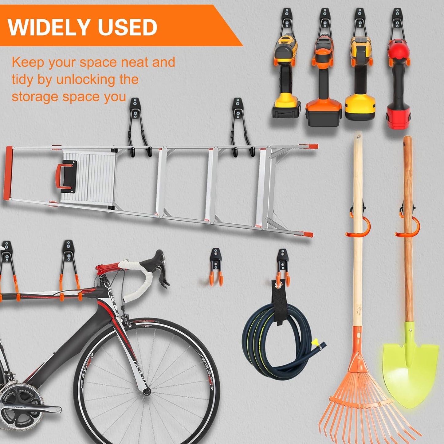 26 Pack Garage Hooks Heavy Duty Utility Steel with Anti-Slip Coating Wall Mount Storage Organizer for Hanging Power and Garden Tools, Ladders, Hose, Bikes, Ropes, Bulk Items, and More