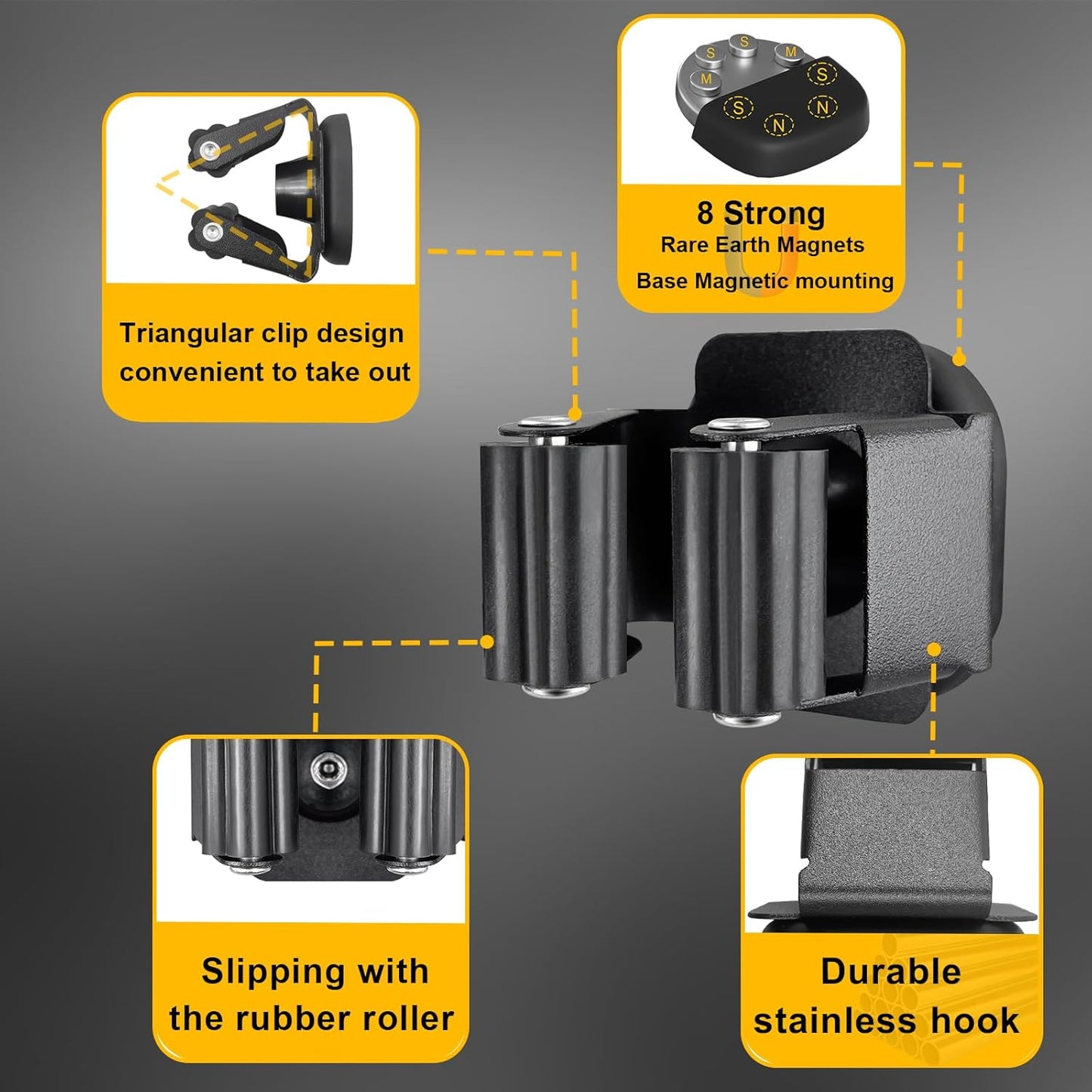 Upgraded Magnetic Broom and Mop Holder Wall Mount, Space-Saving Heavy Duty No Drill Over the Door Broom Gripper RV Camper Wall Organizer,Black,4 Pcs