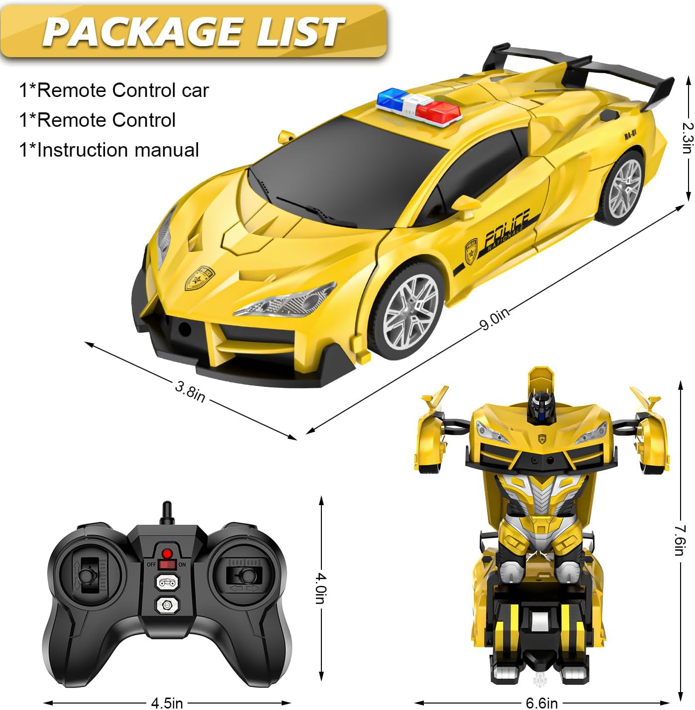 Remote Control Car for Boys 4-7, 2.4GHz RC Car 1:18 Scale, One-Button Transforming Toy with 360° Spins, LED Lights（Yellow）
