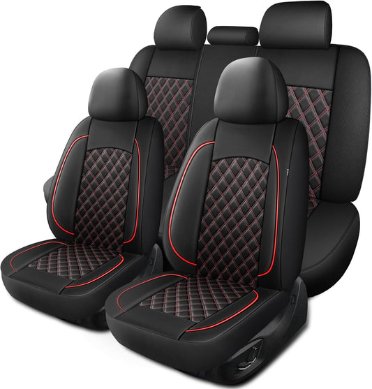 Car Seat Covers Full Set,Breathable and Waterproof Napa Leather Car Seat Cover,Interior Universal Fit for Cars,Sedans,SUVs,Vans,Trucks(Full Seat,Black+Red,N3)