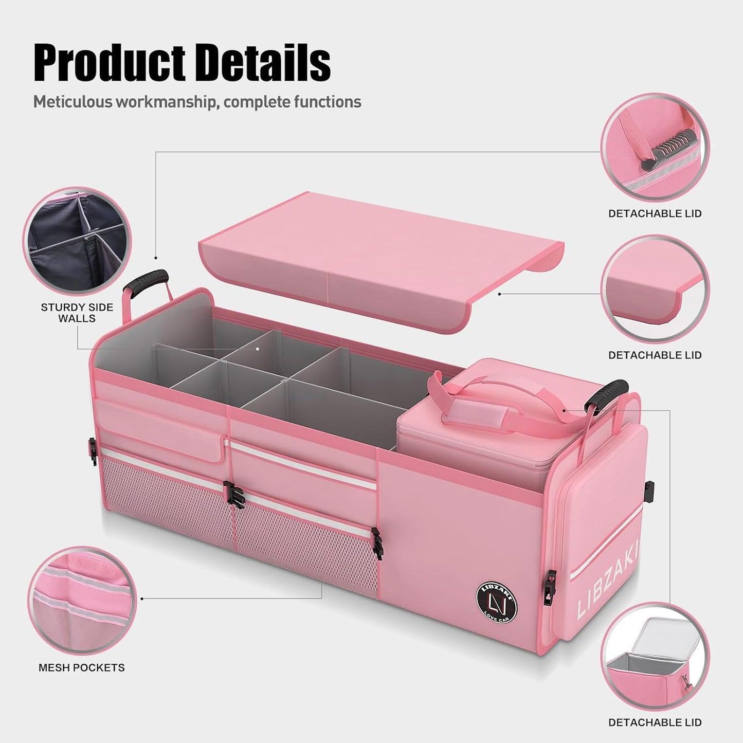 LIBZAKI Oversize 4 in 1 Car Trunk Storage Organizer, Multi Compartment Collapsible Trunk Storage Box with Cooler Bag for Car Truck SUV-Pink